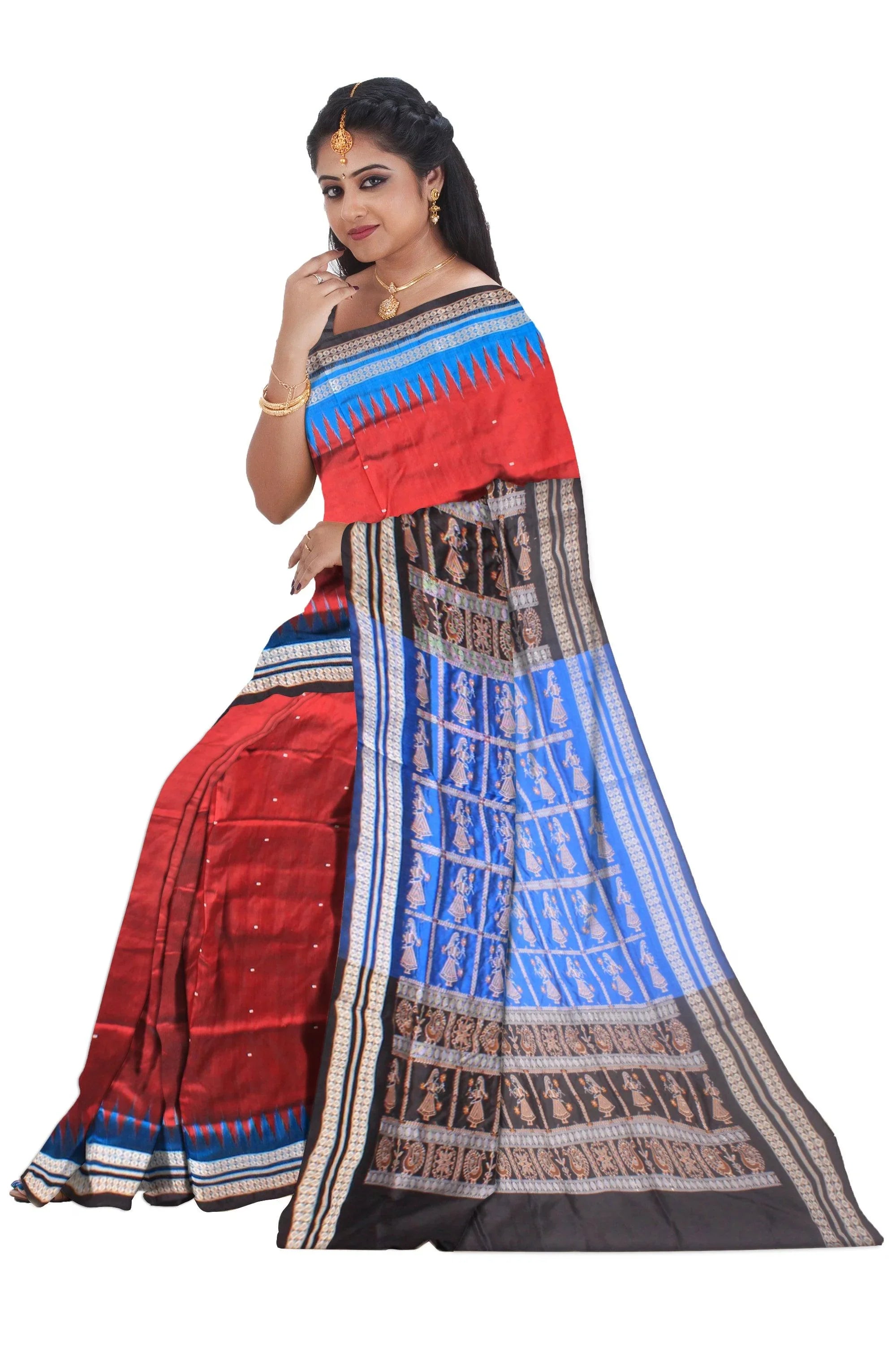 Sambalpuri Pata Saree in Maroon Color with booty design full body with blouse piece. - Koshali Arts & Crafts Enterprise