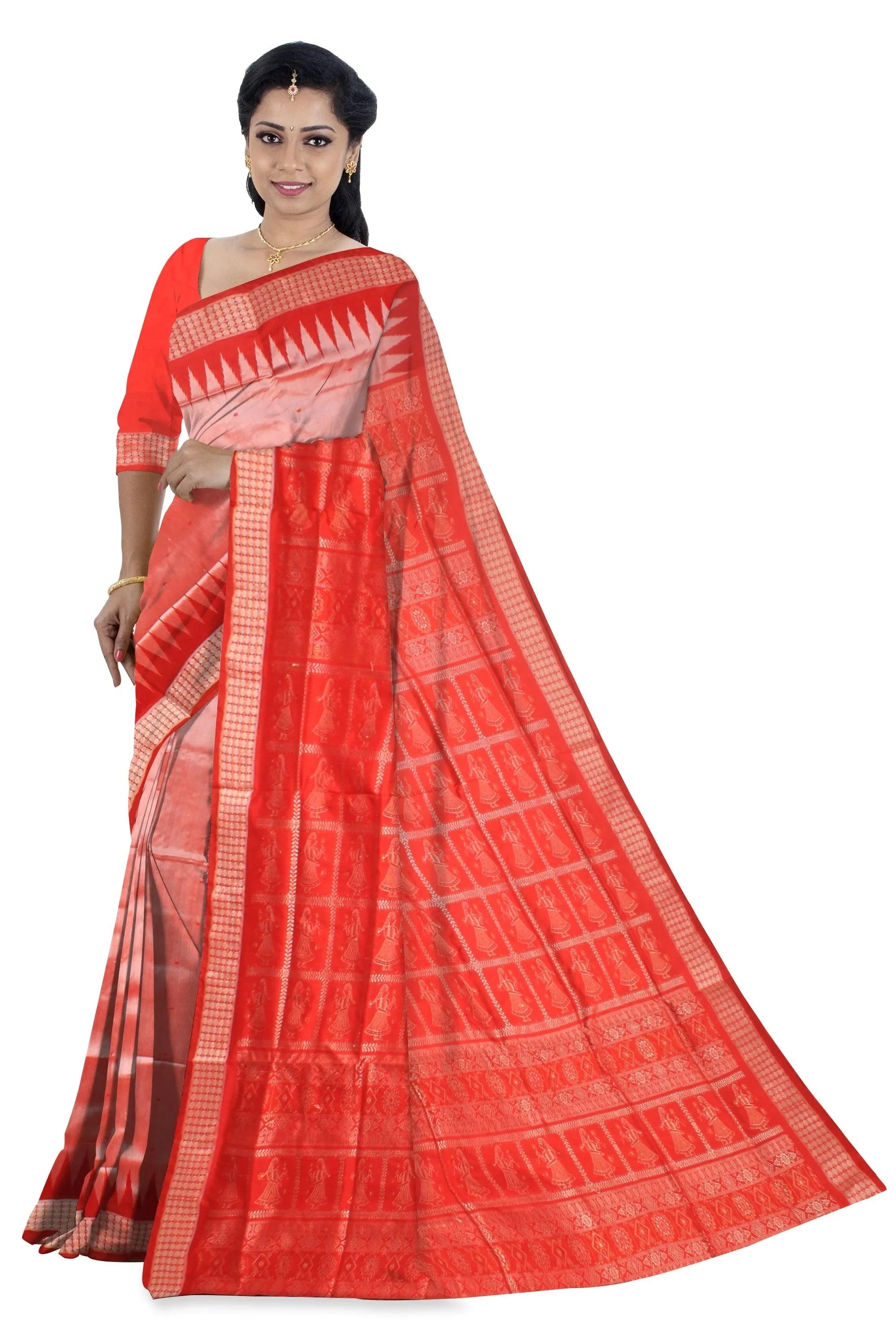 Booty design Sambalpuri bomkei Pata saree in Light Orange colour with blouse. - Koshali Arts & Crafts Enterprise