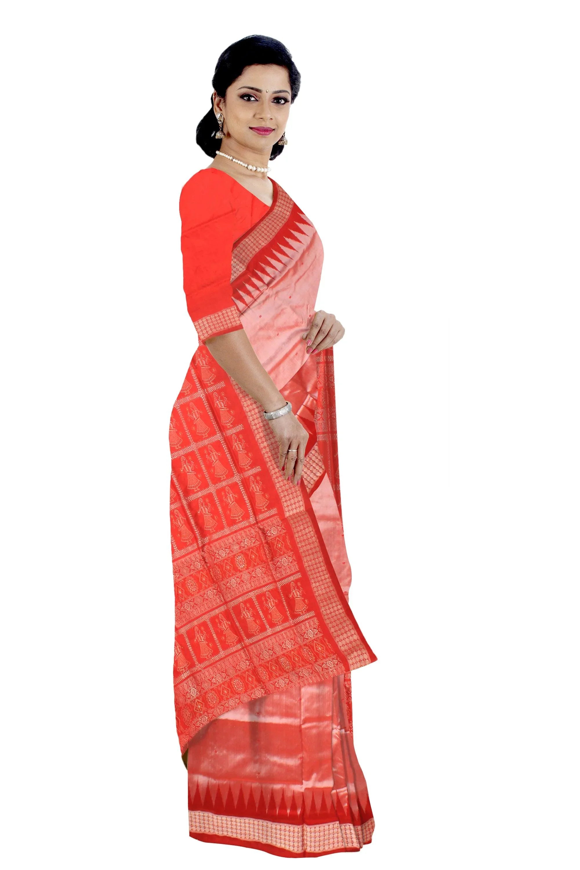 Booty design Sambalpuri bomkei Pata saree in Light Orange colour with blouse. - Koshali Arts & Crafts Enterprise
