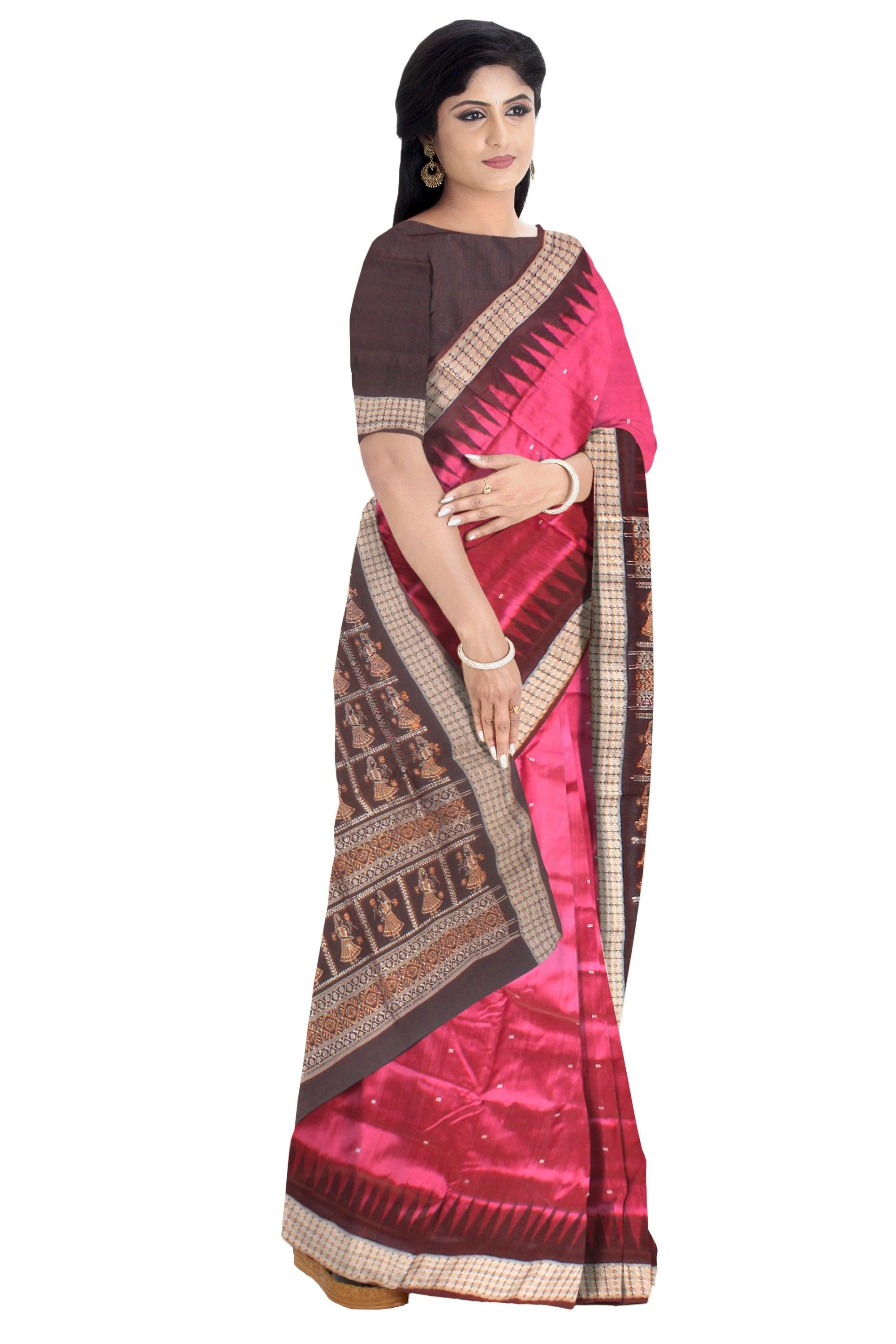 Plain Sambalpuri Bomkei pata sare in Pink colour with blouse. - Koshali Arts & Crafts Enterprise