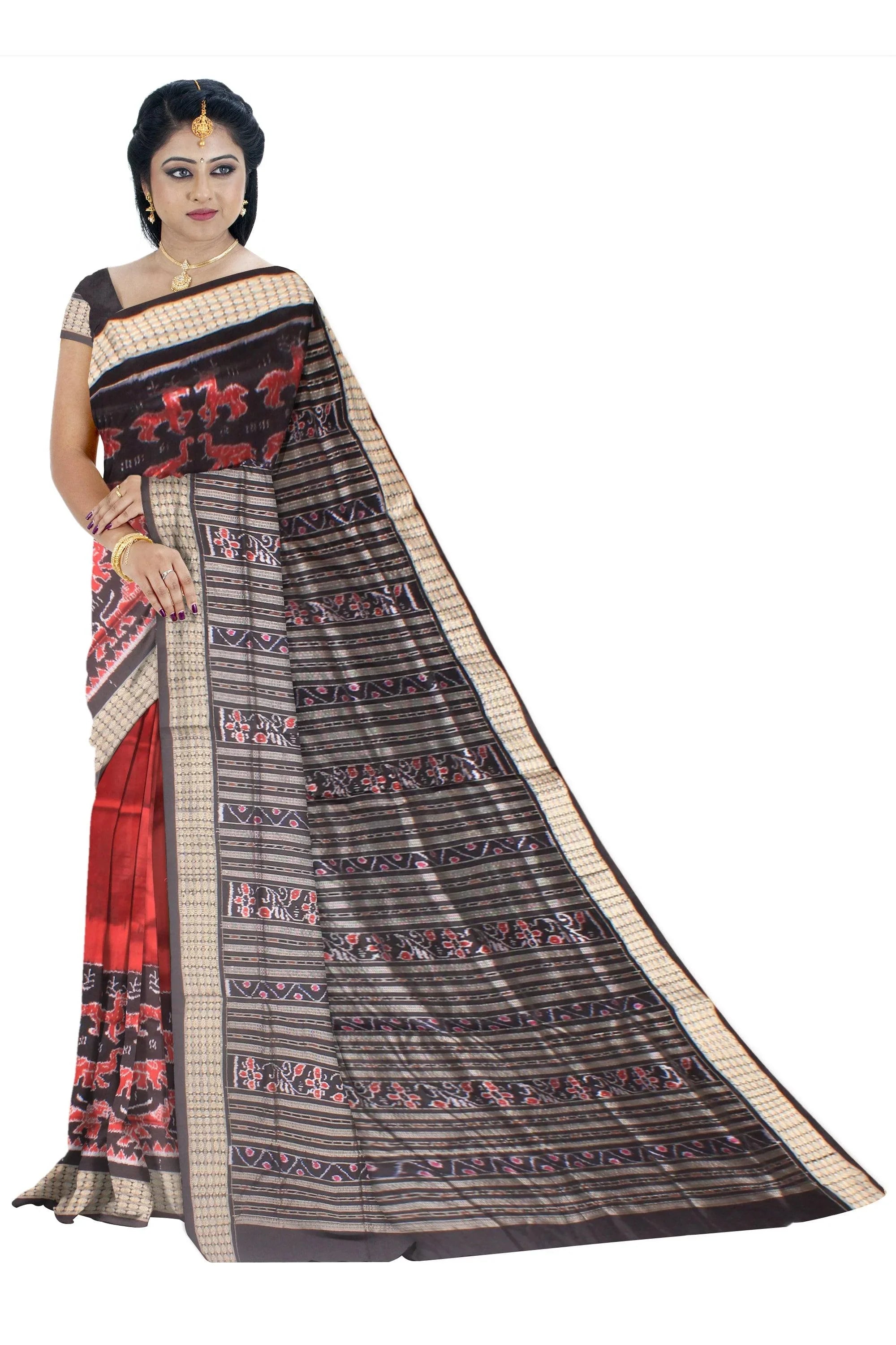 Sambalpuri Pata Saree in Maroon and Black Color in animal design body with blouse piece. - Koshali Arts & Crafts Enterprise