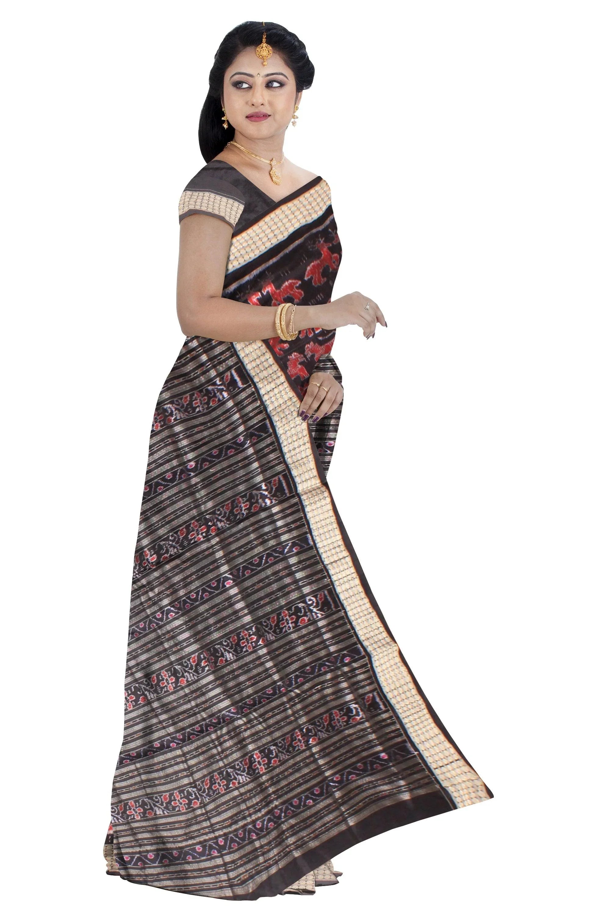 Sambalpuri Pata Saree in Maroon and Black Color in animal design body with blouse piece. - Koshali Arts & Crafts Enterprise
