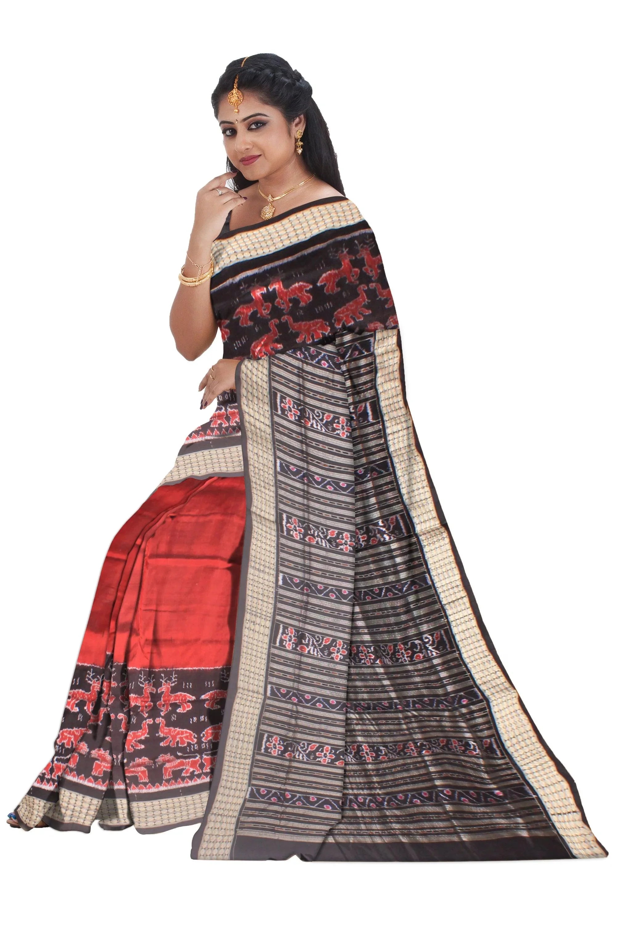 Sambalpuri Pata Saree in Maroon and Black Color in animal design body with blouse piece. - Koshali Arts & Crafts Enterprise