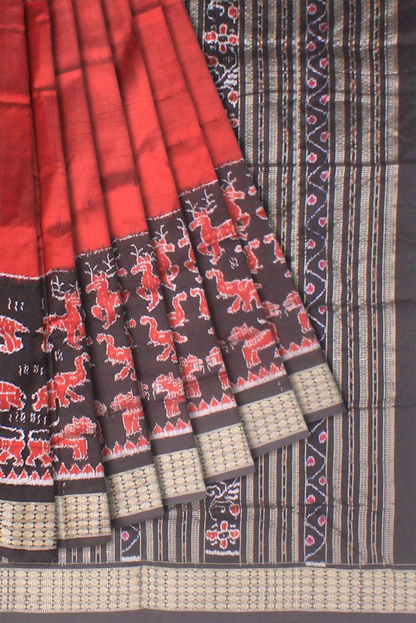 Sambalpuri Pata Saree in Maroon and Black Color in animal design body with blouse piece. - Koshali Arts & Crafts Enterprise