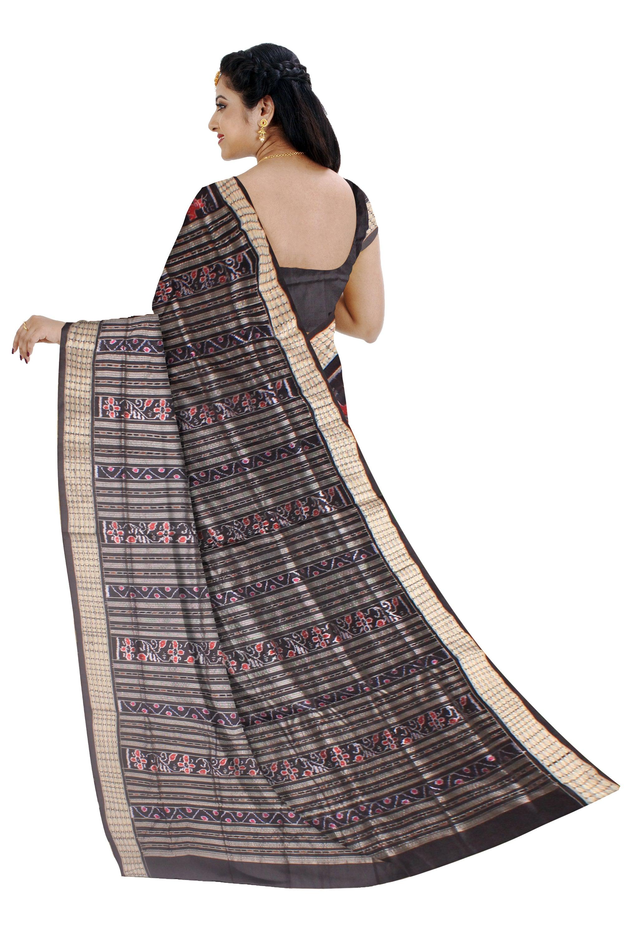 Sambalpuri Pata Saree in Maroon and Black Color in animal  design body with blouse piece. - Koshali Arts & Crafts Enterprise