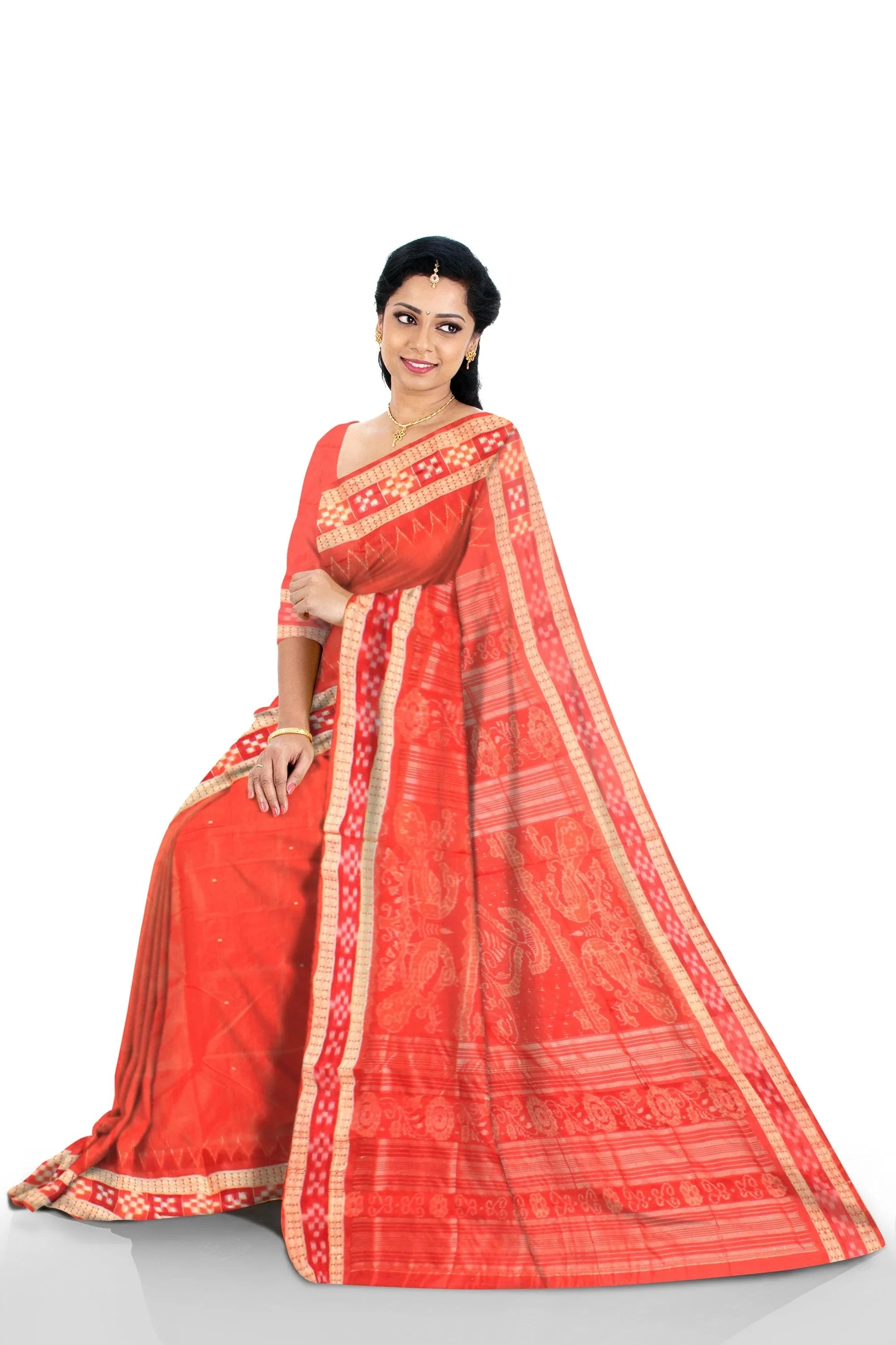 A dhadi sapta design Sambalpuri pata saree in Orange colour with blouse piece. - Koshali Arts & Crafts Enterprise