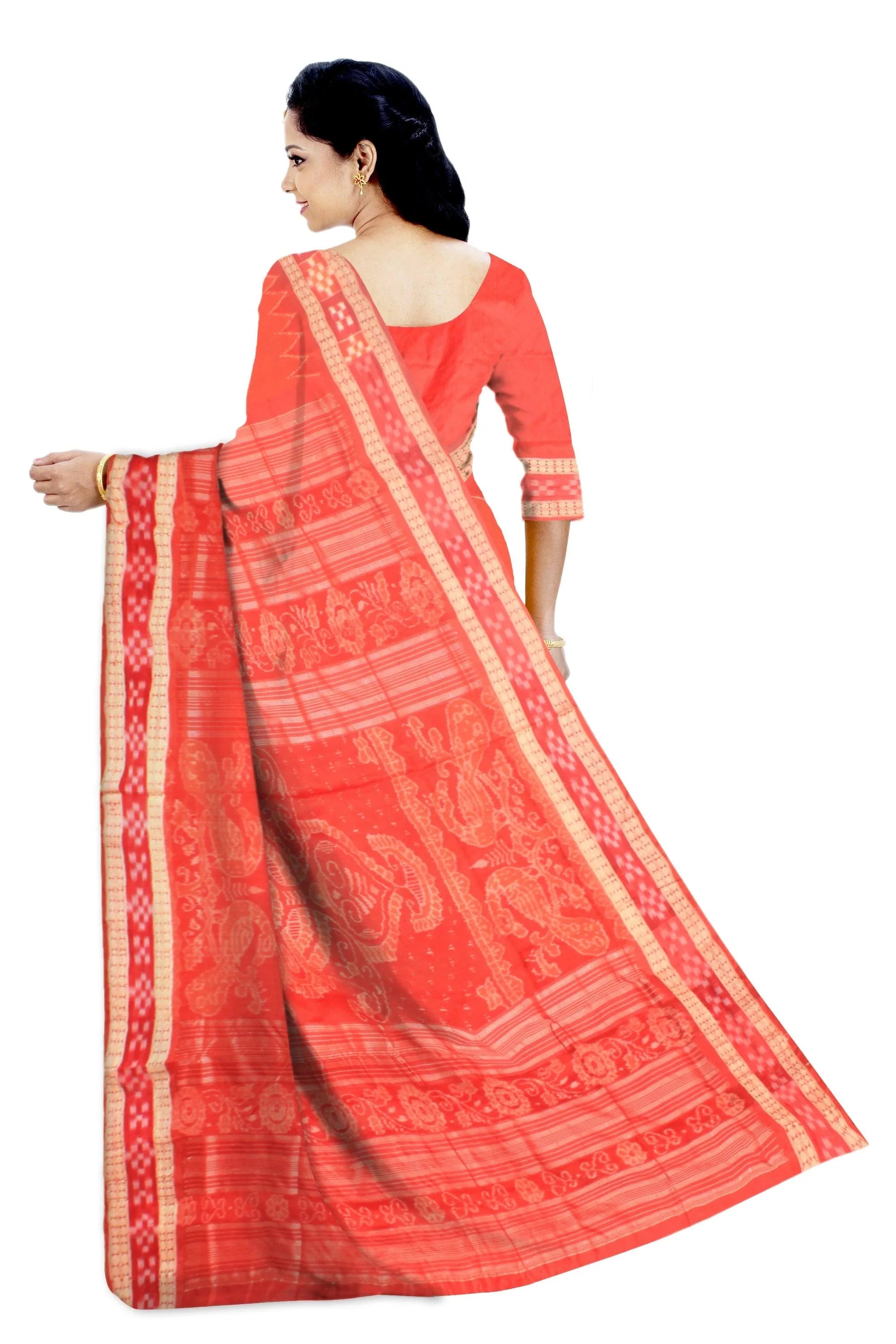 A dhadi sapta design Sambalpuri pata saree in Orange colour with blouse piece. - Koshali Arts & Crafts Enterprise