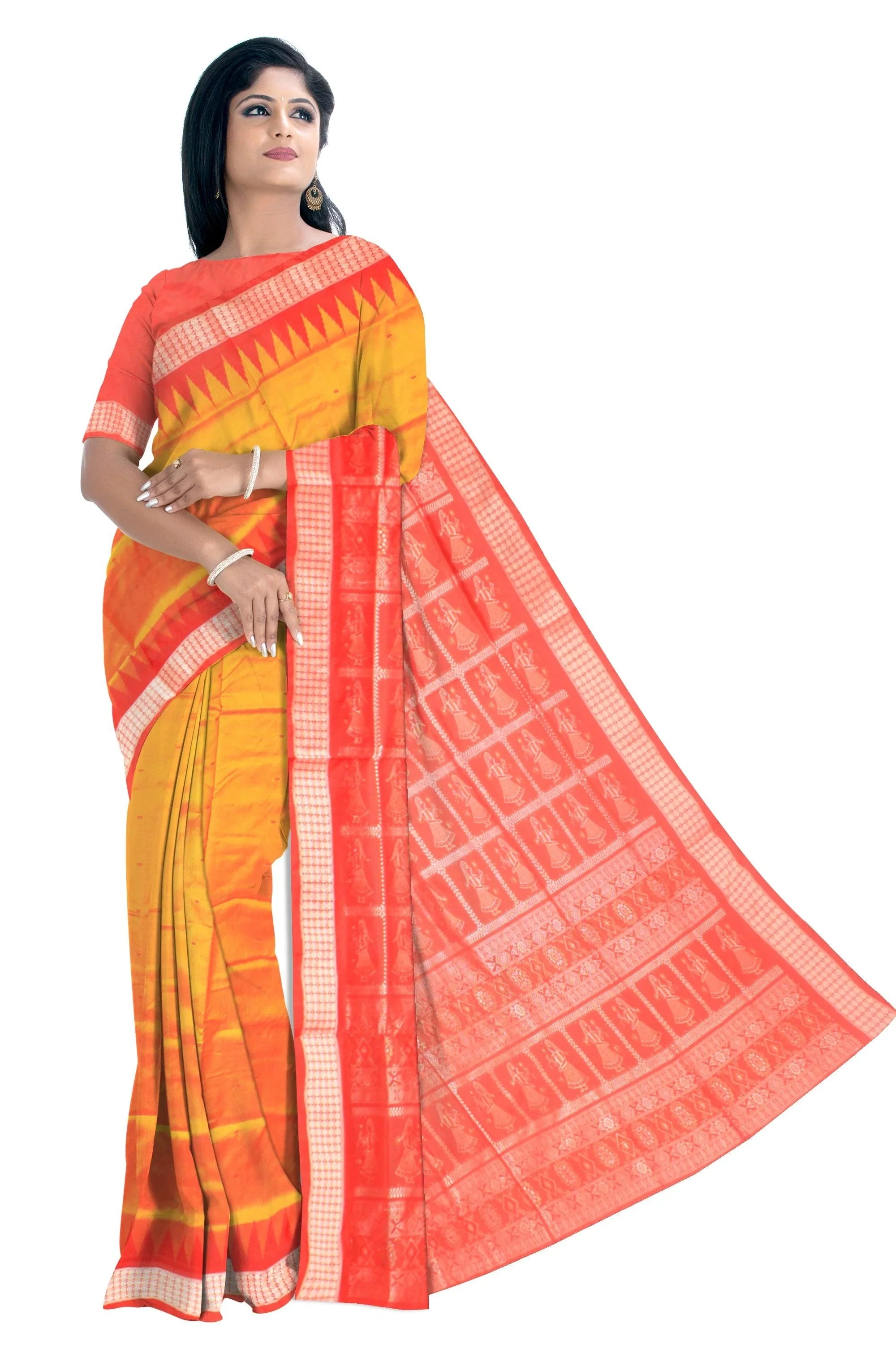 Sambalpuri Pata Saree in Yellow Color in booty design with Silver color Border with blouse piece. - Koshali Arts & Crafts Enterprise