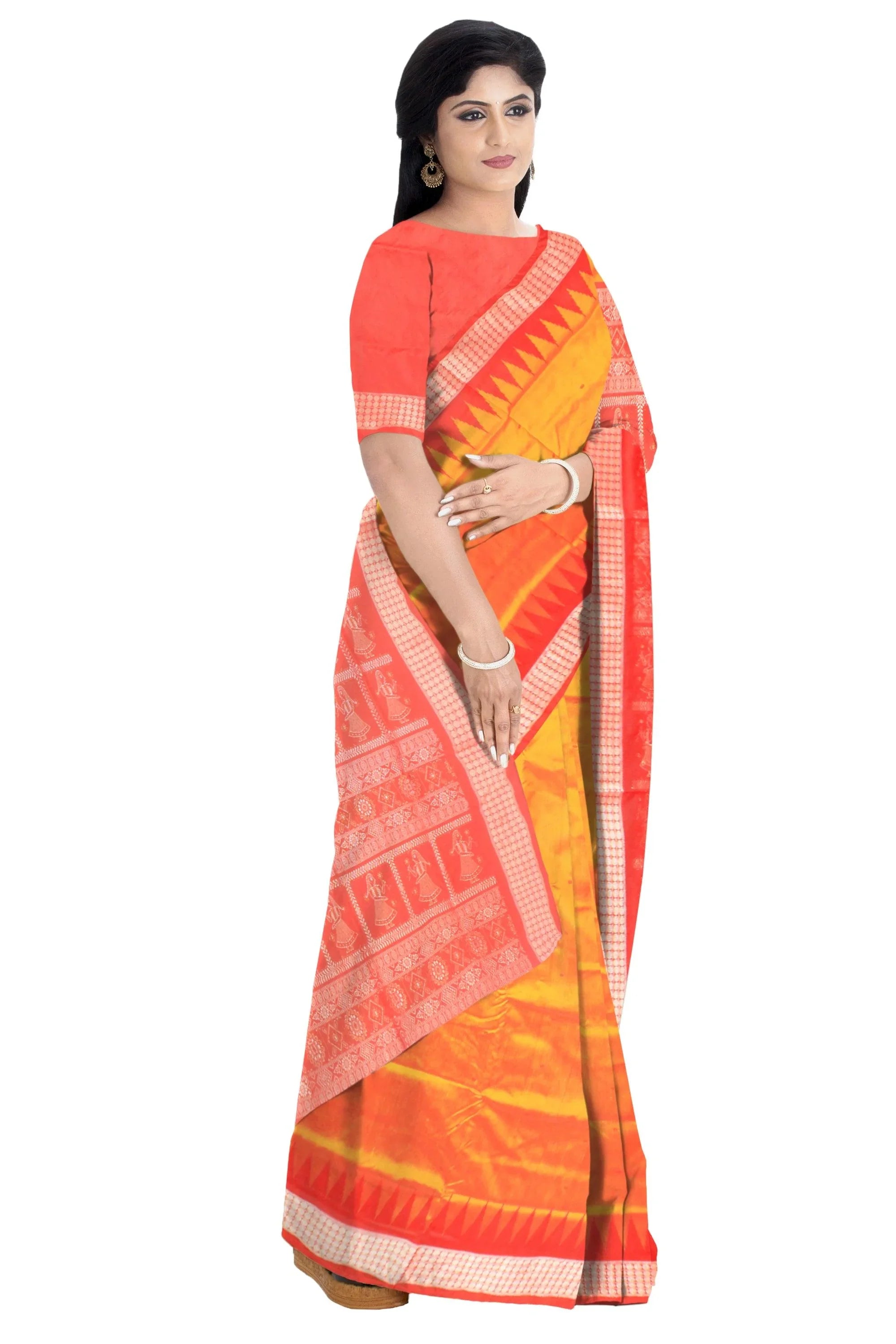 Sambalpuri Pata Saree in Yellow Color in booty design with Silver color Border with blouse piece. - Koshali Arts & Crafts Enterprise