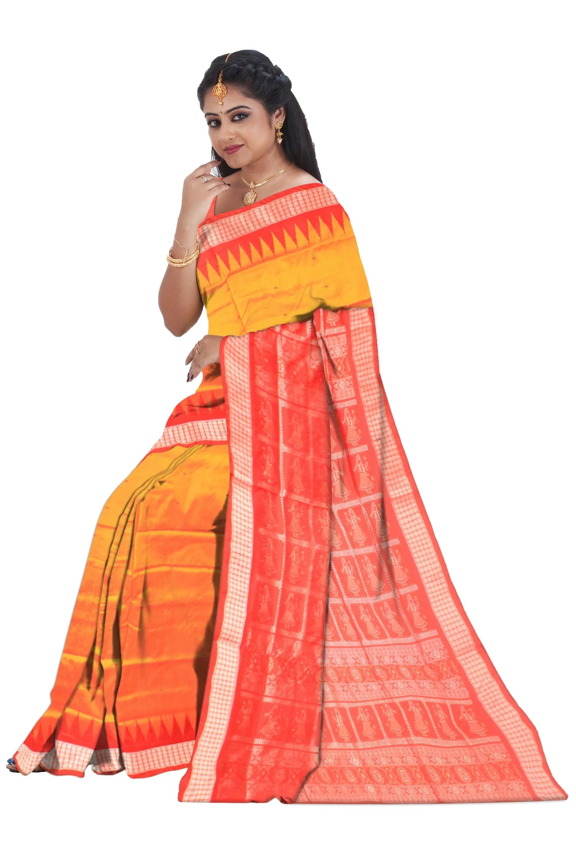 Sambalpuri Pata Saree in Yellow Color in booty design with Silver color Border with blouse piece. - Koshali Arts & Crafts Enterprise
