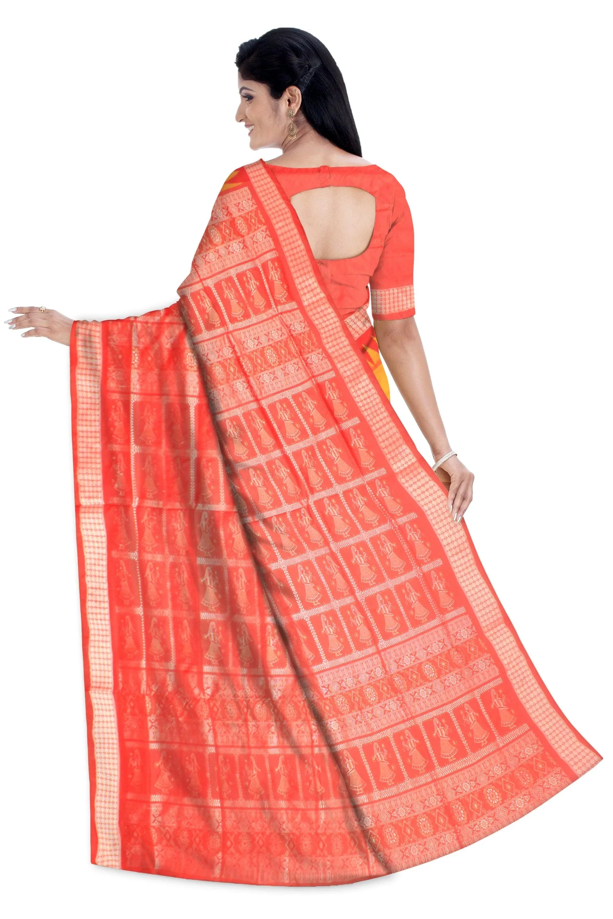 Sambalpuri Pata Saree in Yellow Color in booty design with Silver color Border with blouse piece. - Koshali Arts & Crafts Enterprise