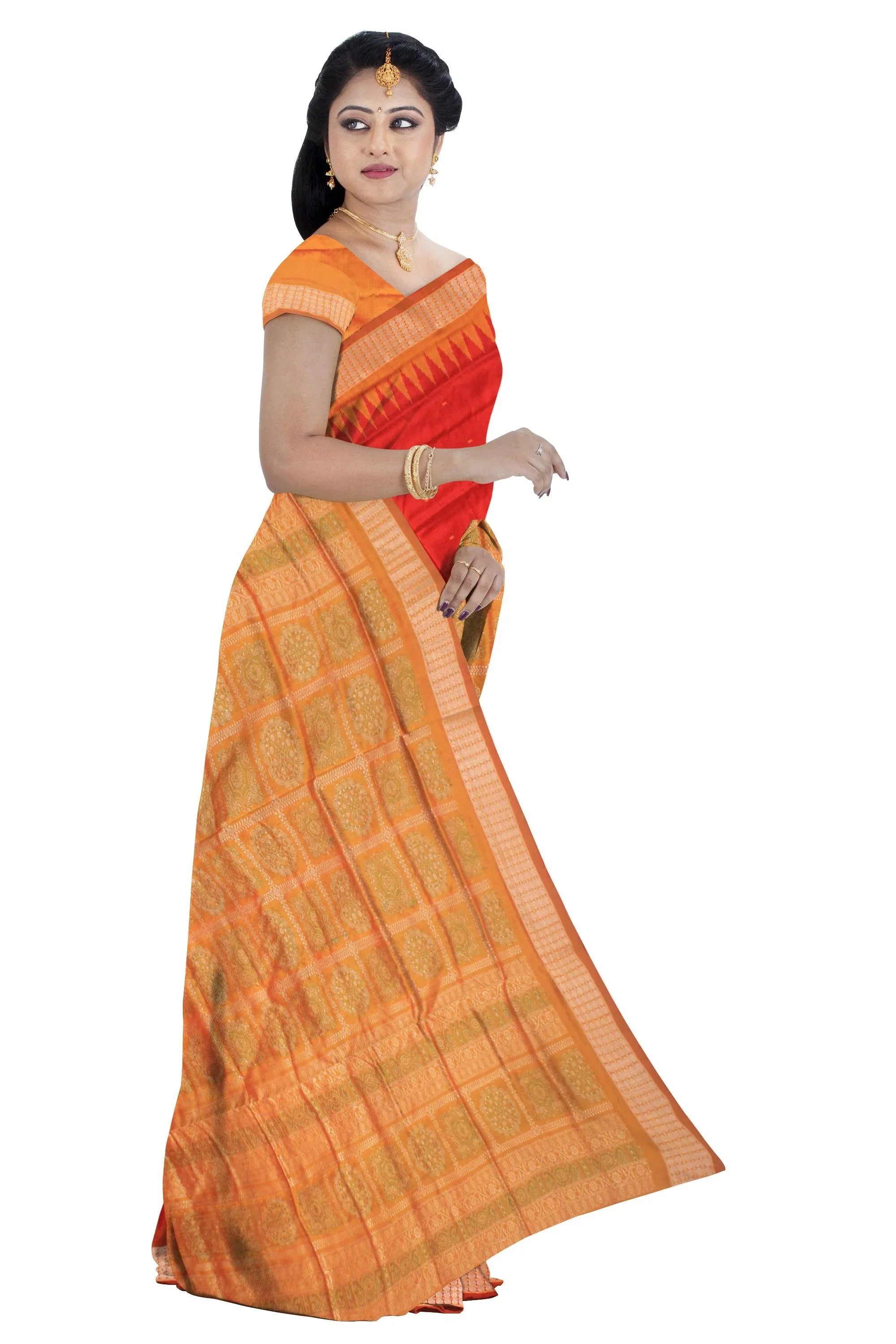 Red & Yellow color Sambalpuri Pata saree with blouse. - Koshali Arts & Crafts Enterprise