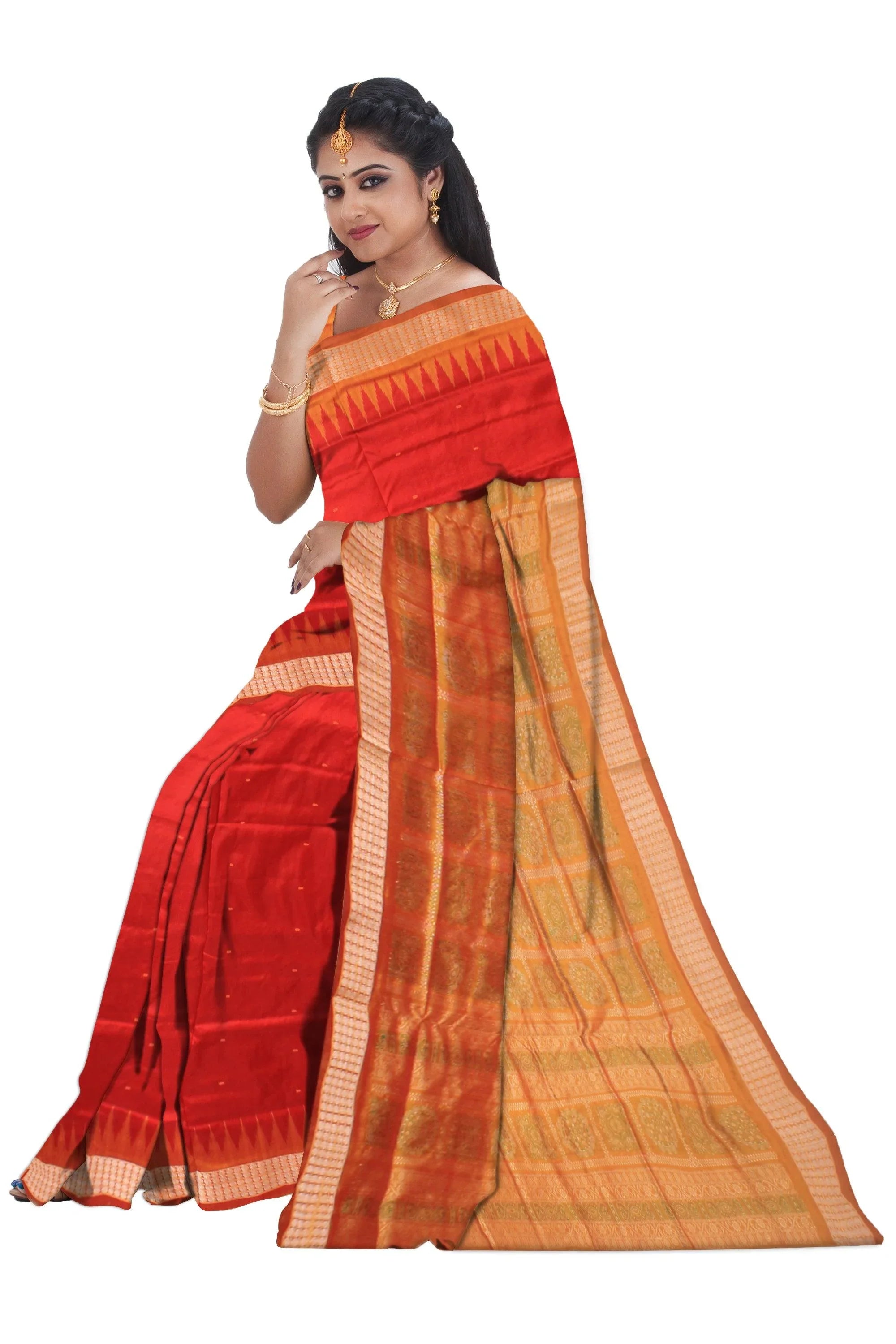 Red & Yellow color Sambalpuri Pata saree with blouse. - Koshali Arts & Crafts Enterprise