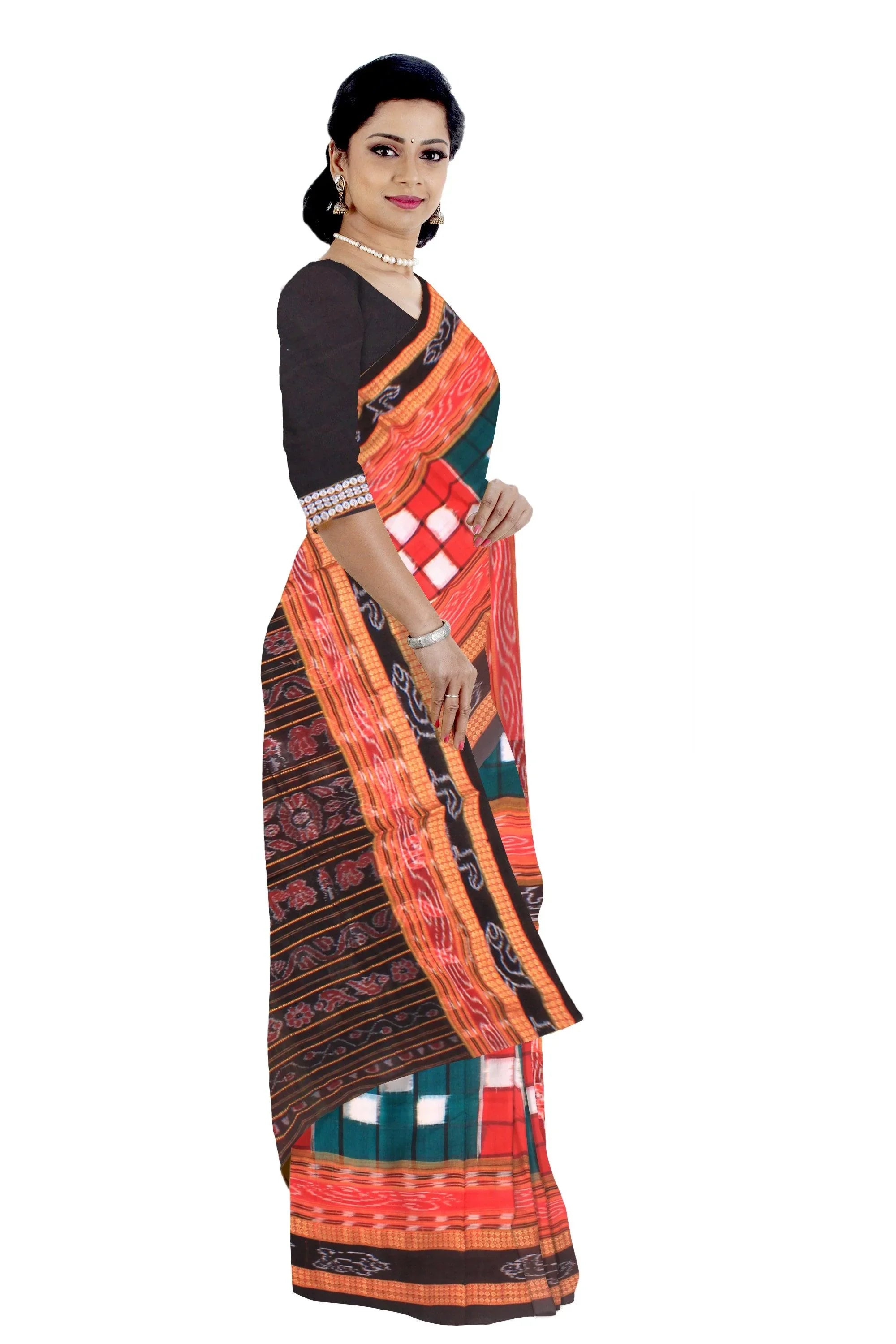 Bichitrapuri Sambalpuri Saree in Maroon and Green colour without blouse piece. - Koshali Arts & Crafts Enterprise