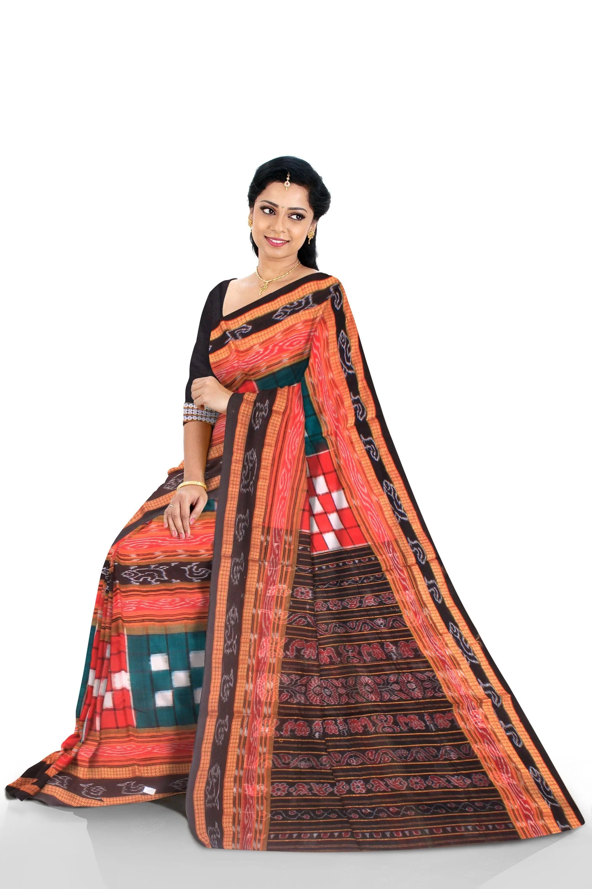 Bichitrapuri Sambalpuri Saree in Maroon and Green colour without blouse piece. - Koshali Arts & Crafts Enterprise