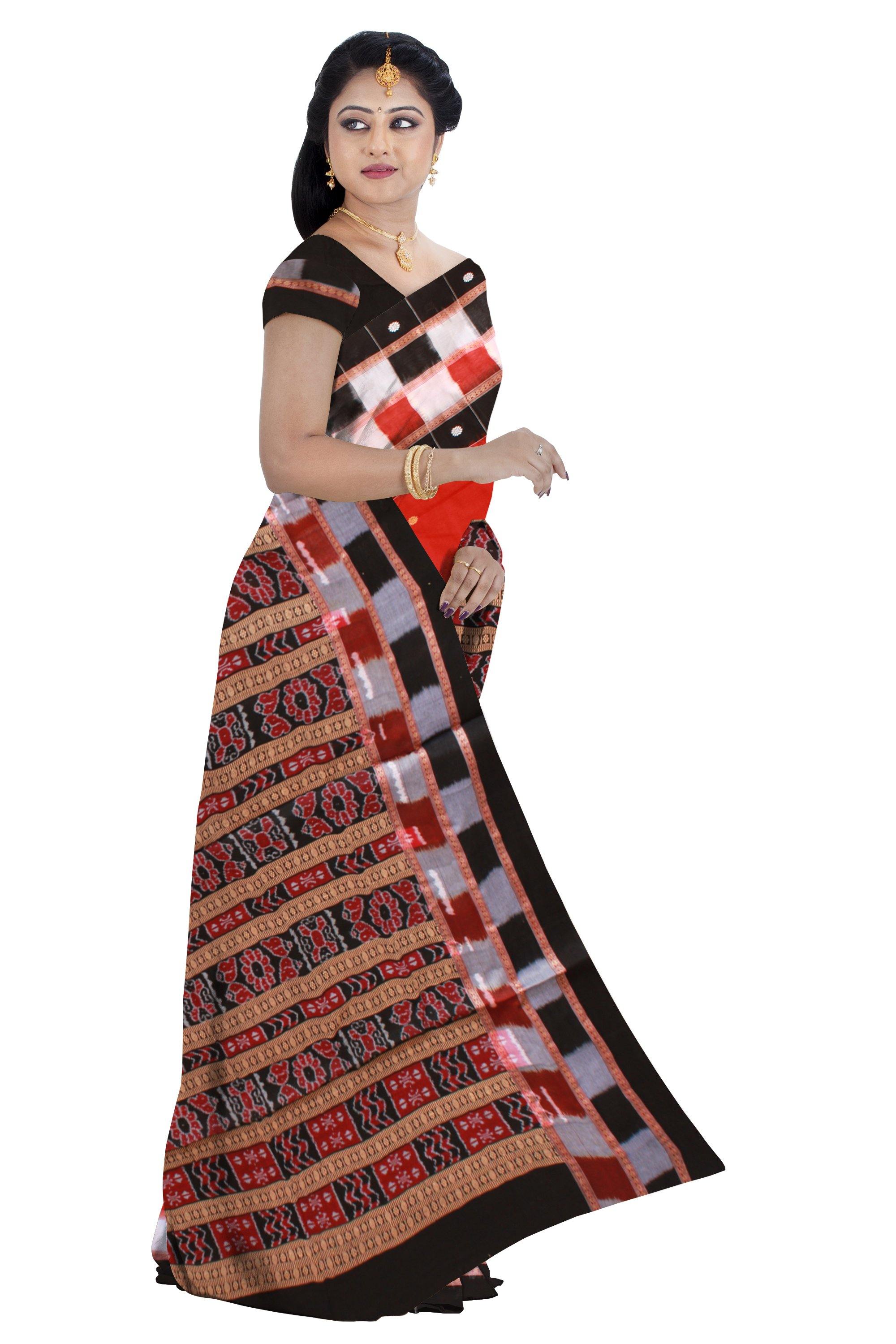 Red color Butti patten Sambalpuri cotton saree with blouse piece. - Koshali Arts & Crafts Enterprise