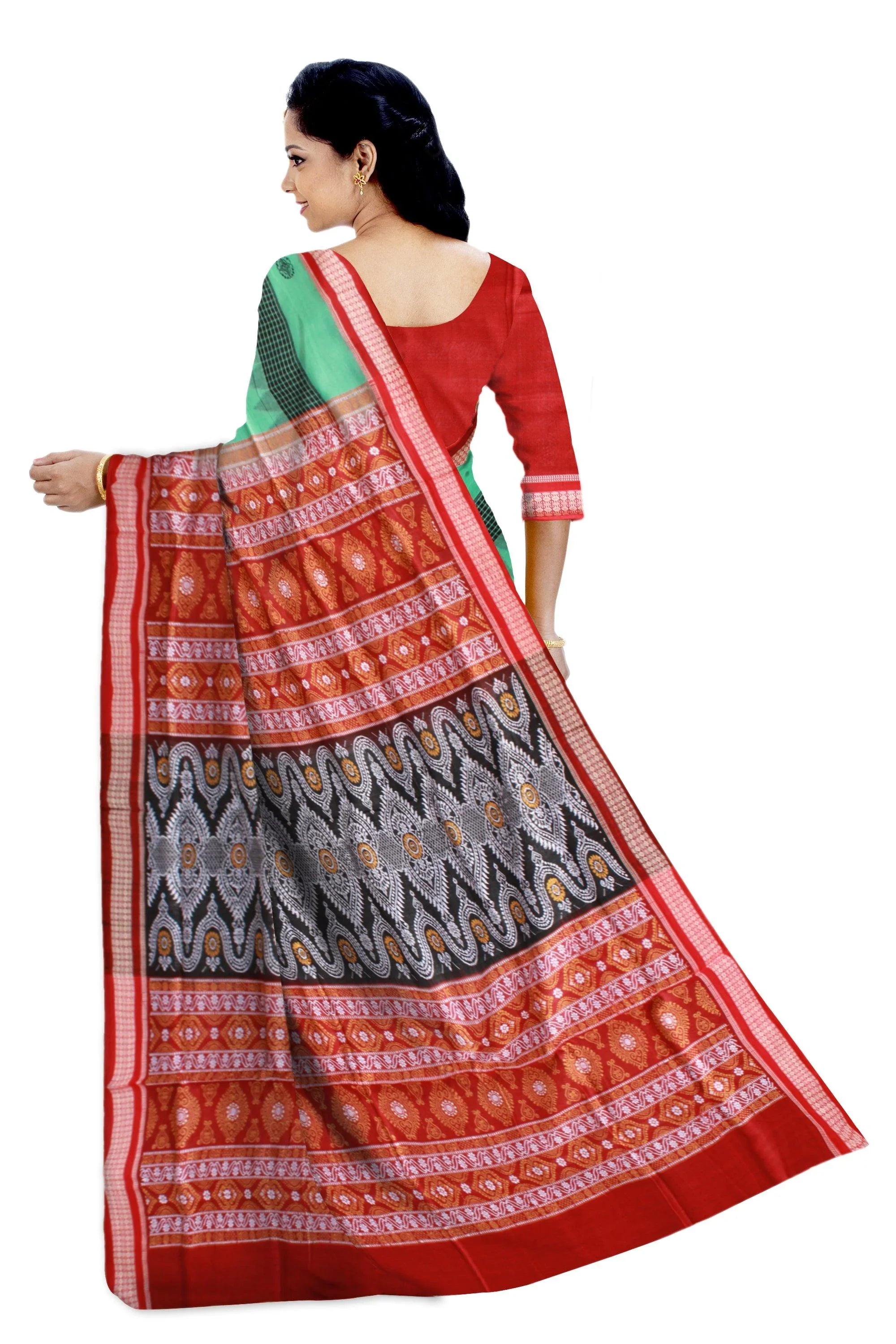 Bomkei Sambalpuri Saree in Green and Black color with blouse piece. - Koshali Arts & Crafts Enterprise