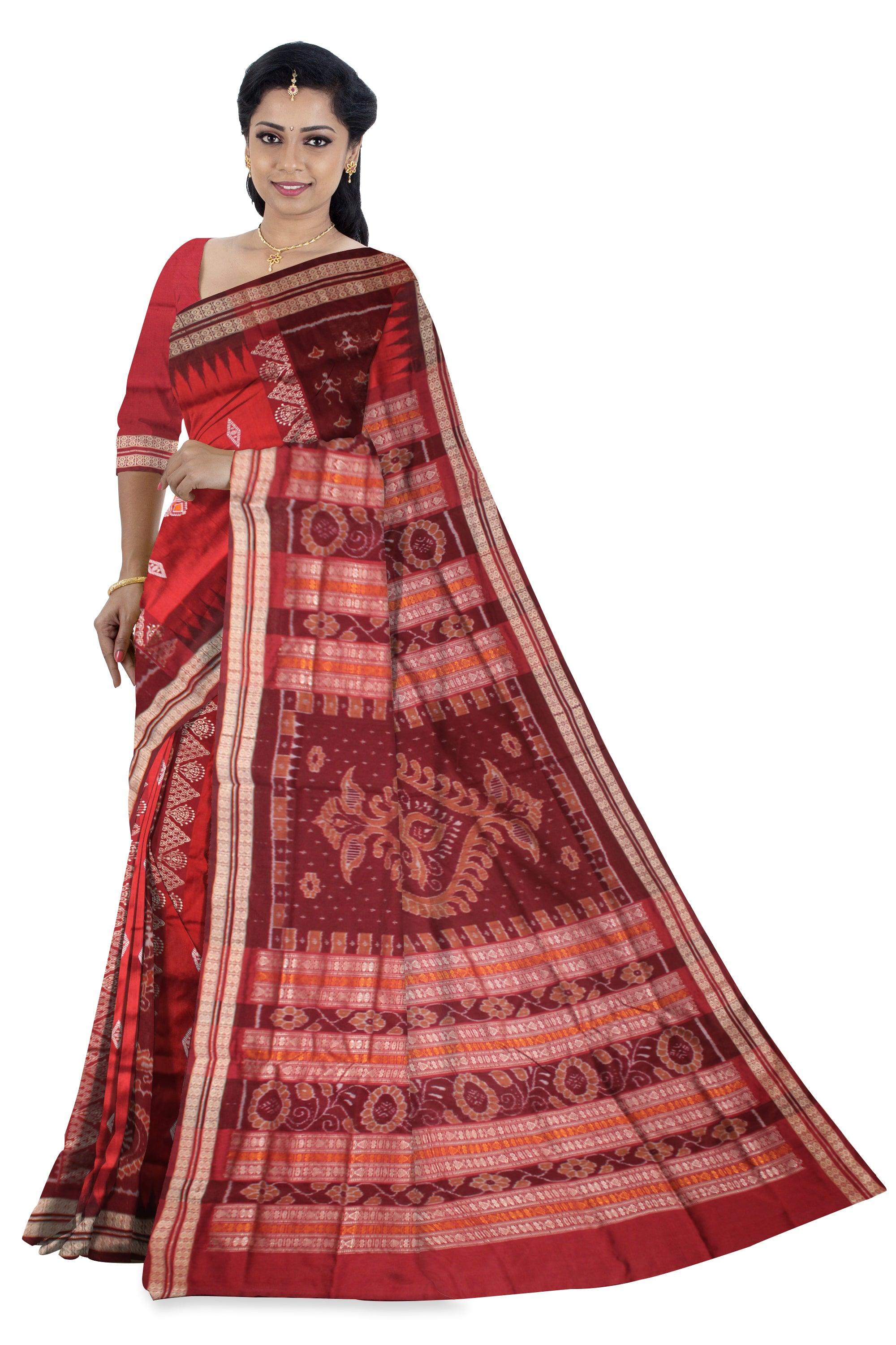 RED AND MAROON COLOR SONEPUR BOMKEI PATA SAREE , WITH BLOUSE PIECE. - Koshali Arts & Crafts Enterprise