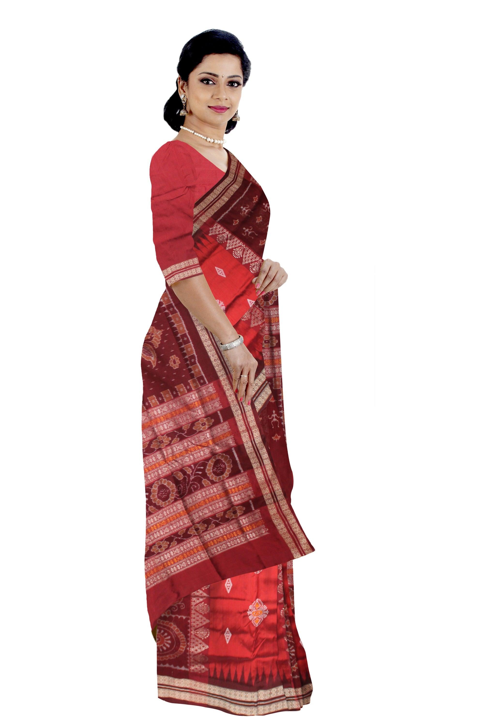 RED AND MAROON COLOR SONEPUR BOMKEI PATA SAREE , WITH BLOUSE PIECE. - Koshali Arts & Crafts Enterprise