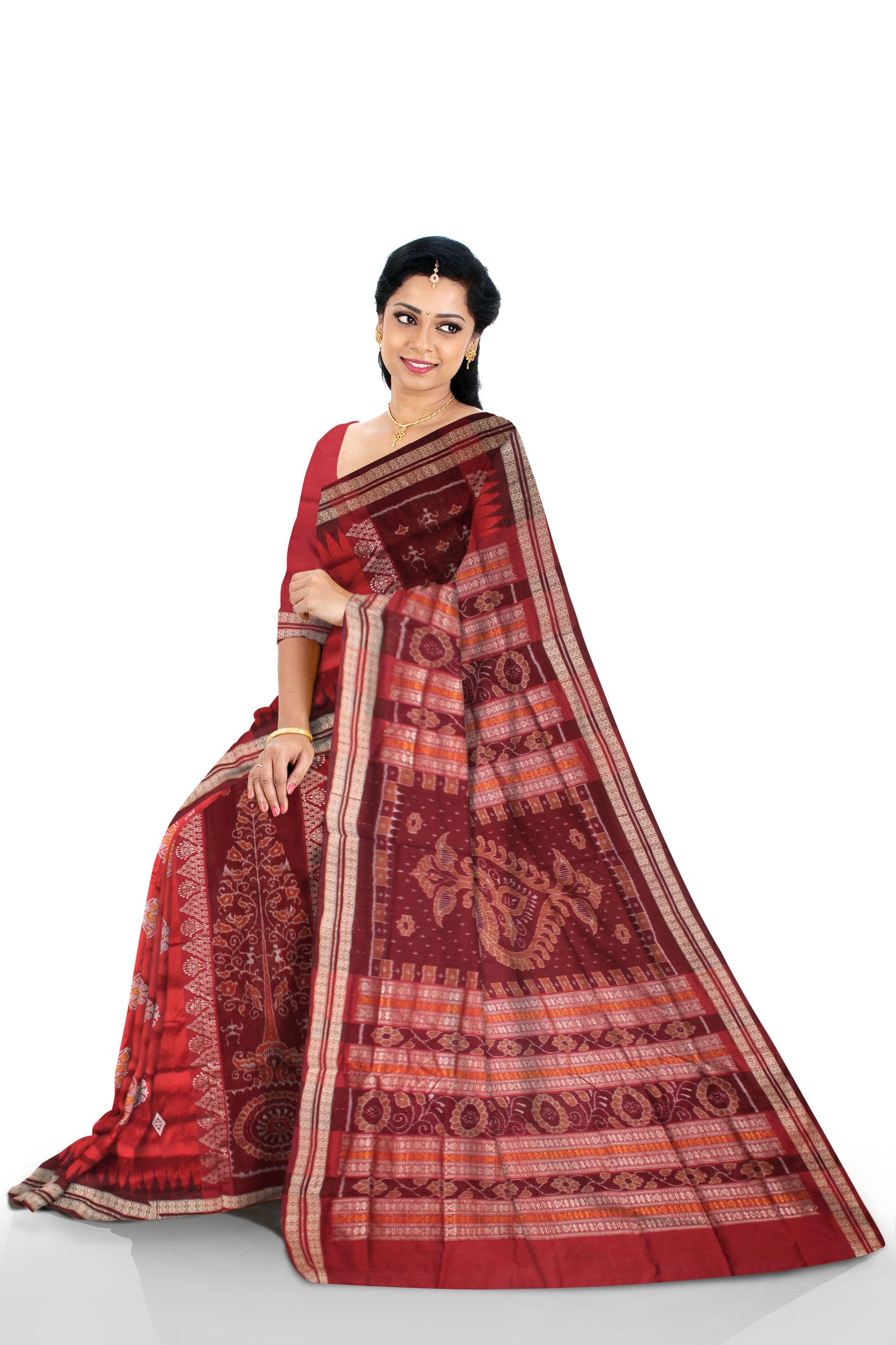 RED AND MAROON COLOR SONEPUR BOMKEI PATA SAREE , WITH BLOUSE PIECE. - Koshali Arts & Crafts Enterprise