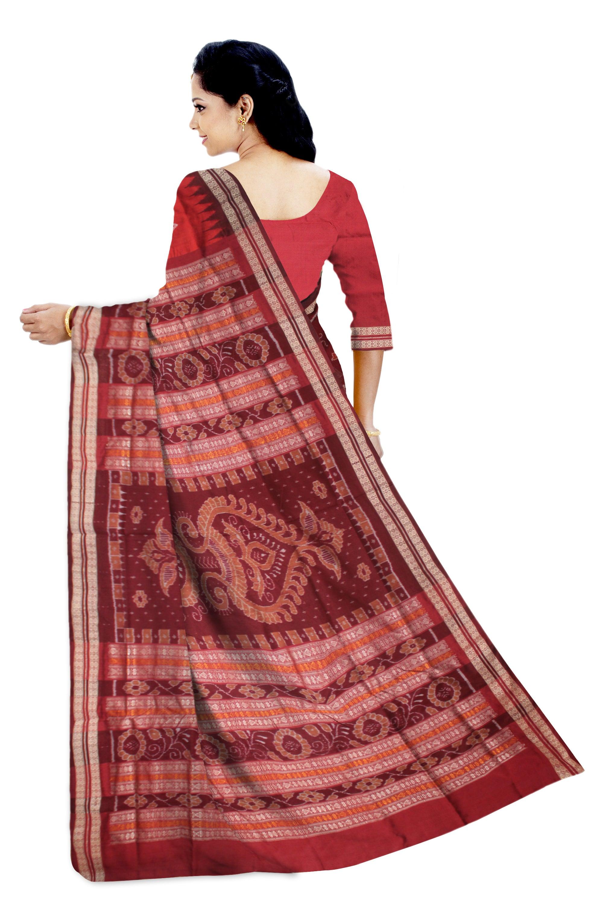 RED AND MAROON COLOR SONEPUR BOMKEI PATA SAREE , WITH BLOUSE PIECE. - Koshali Arts & Crafts Enterprise