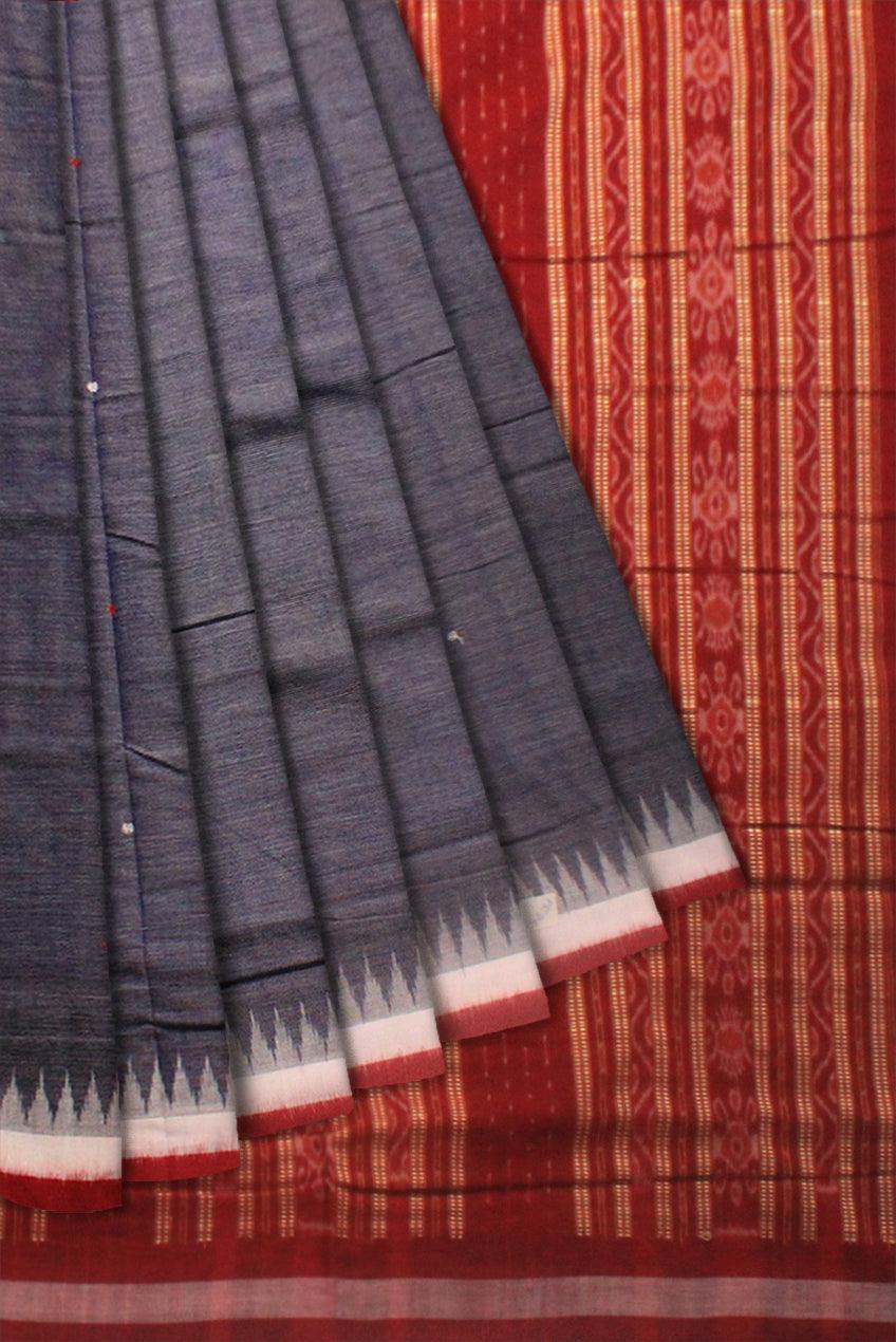A SONEPUR COTTON SAREE IN STEEL BLUE AND MAROON COLOR, WITH BLOUSE PIECE. - Koshali Arts & Crafts Enterprise