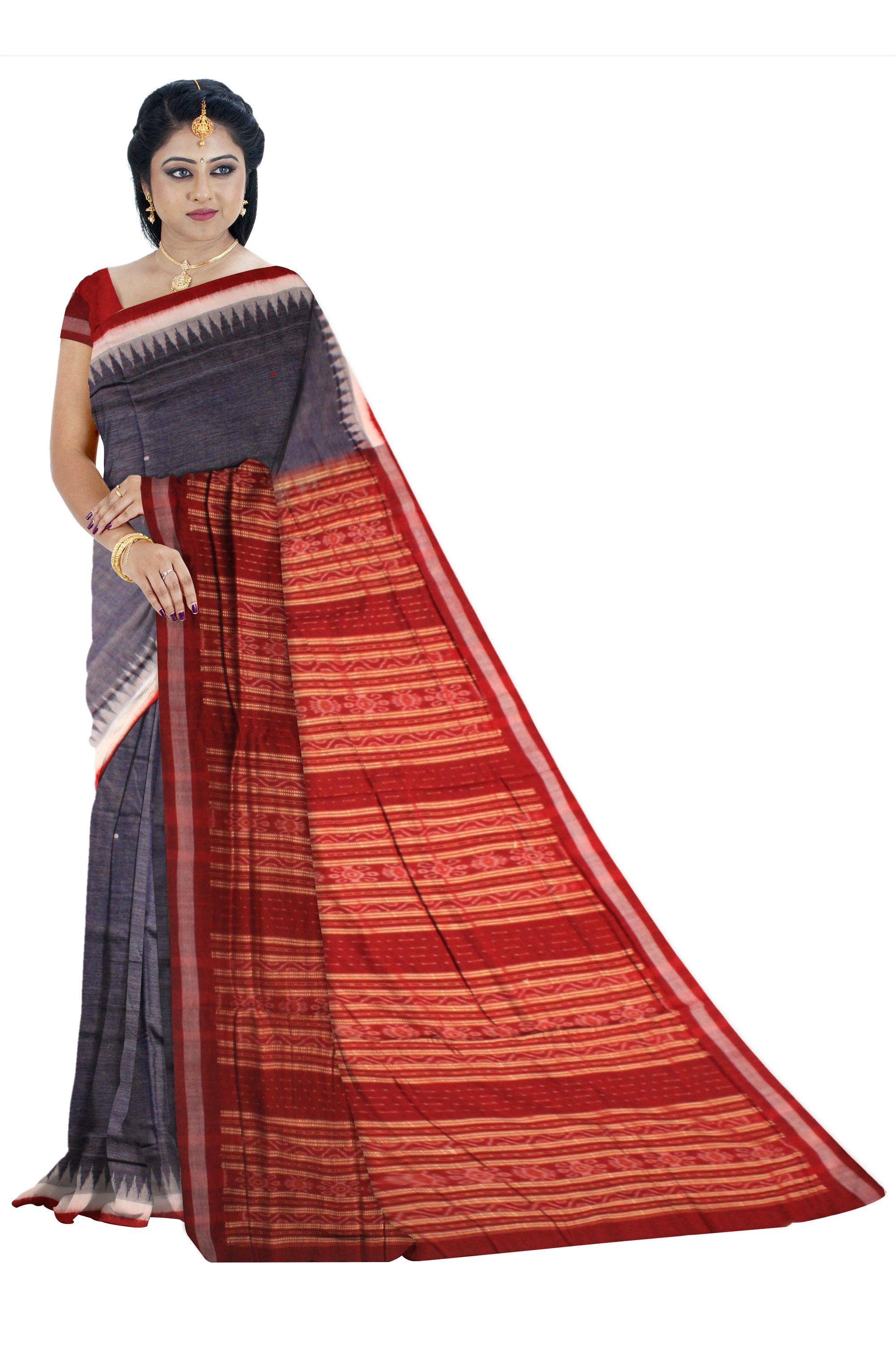 A SONEPUR COTTON SAREE IN STEEL BLUE AND MAROON COLOR, WITH BLOUSE PIECE. - Koshali Arts & Crafts Enterprise