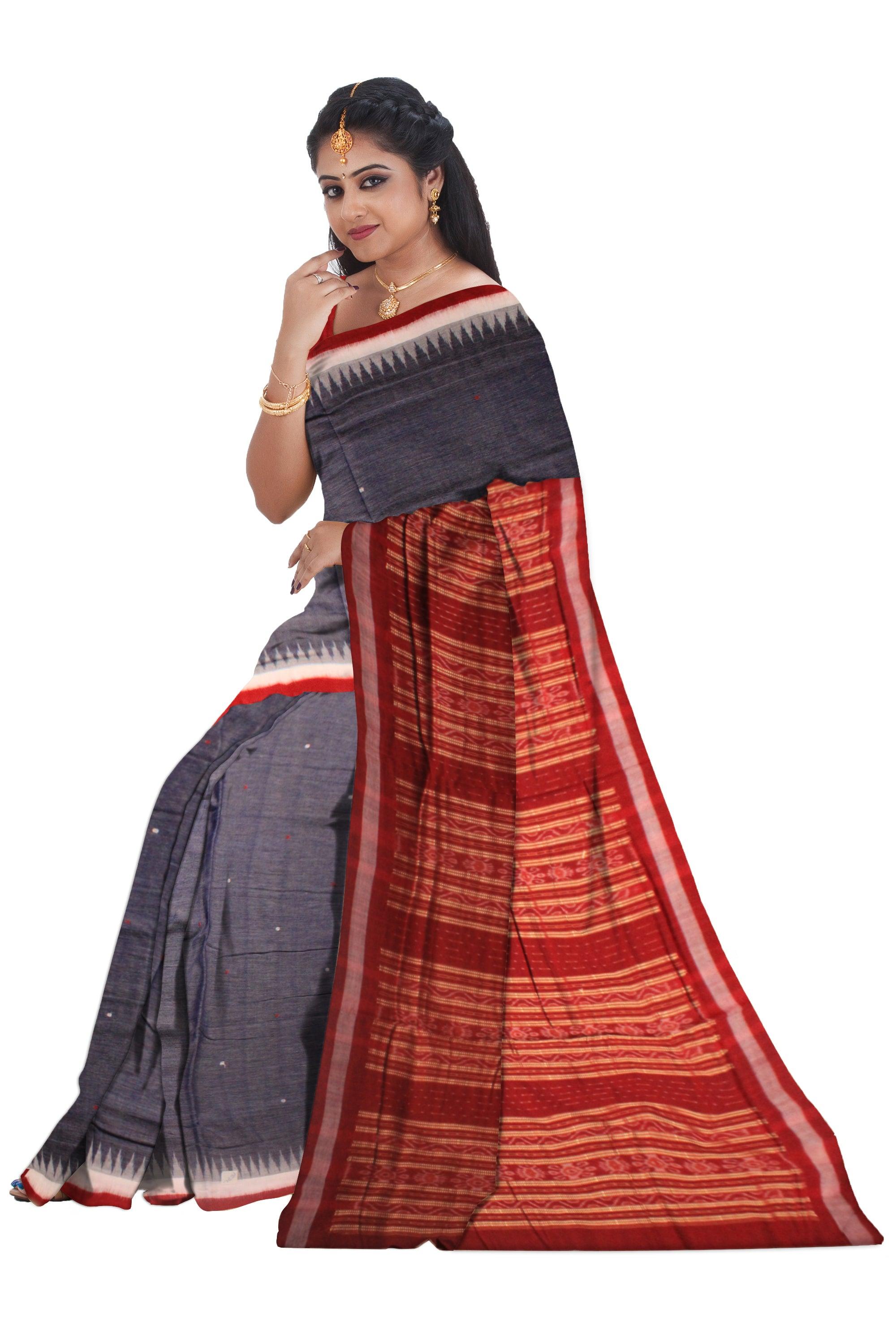 A SONEPUR COTTON SAREE IN STEEL BLUE AND MAROON COLOR, WITH BLOUSE PIECE. - Koshali Arts & Crafts Enterprise