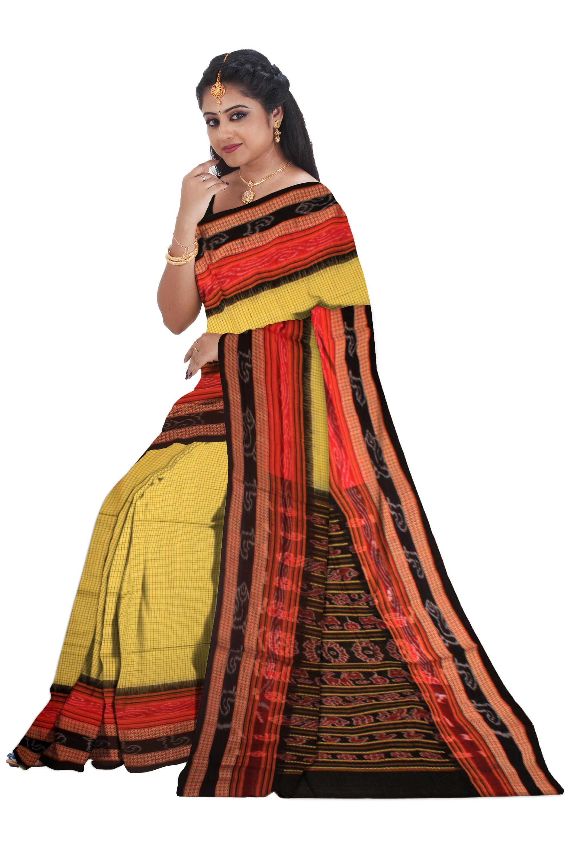 YELLOW, RED AND BLACK COLOR MIX SACHIPURI SAREE , WITH OUT BLOUSE PIECE. - Koshali Arts & Crafts Enterprise