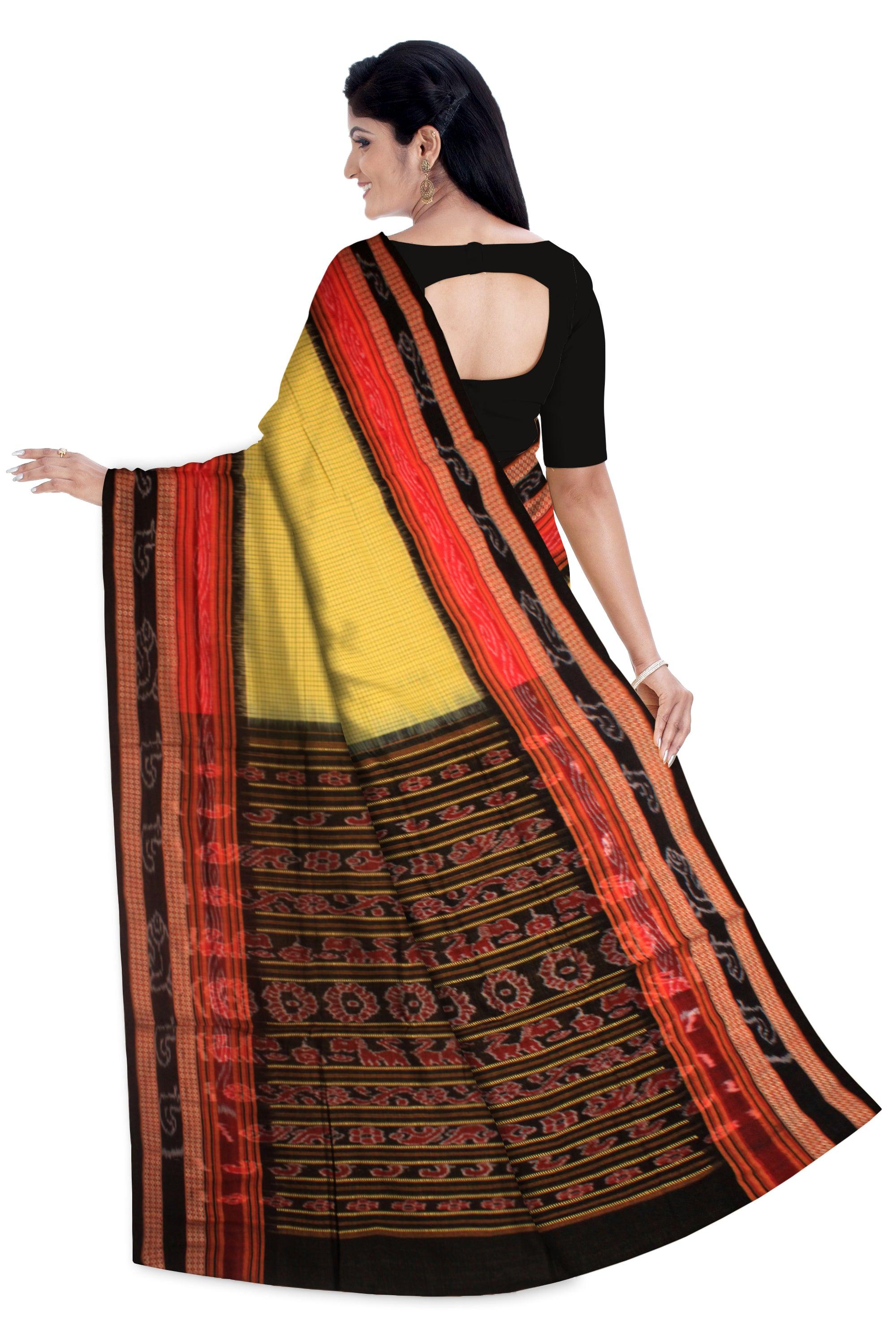 YELLOW, RED AND BLACK COLOR MIX SACHIPURI SAREE , WITH OUT BLOUSE PIECE. - Koshali Arts & Crafts Enterprise