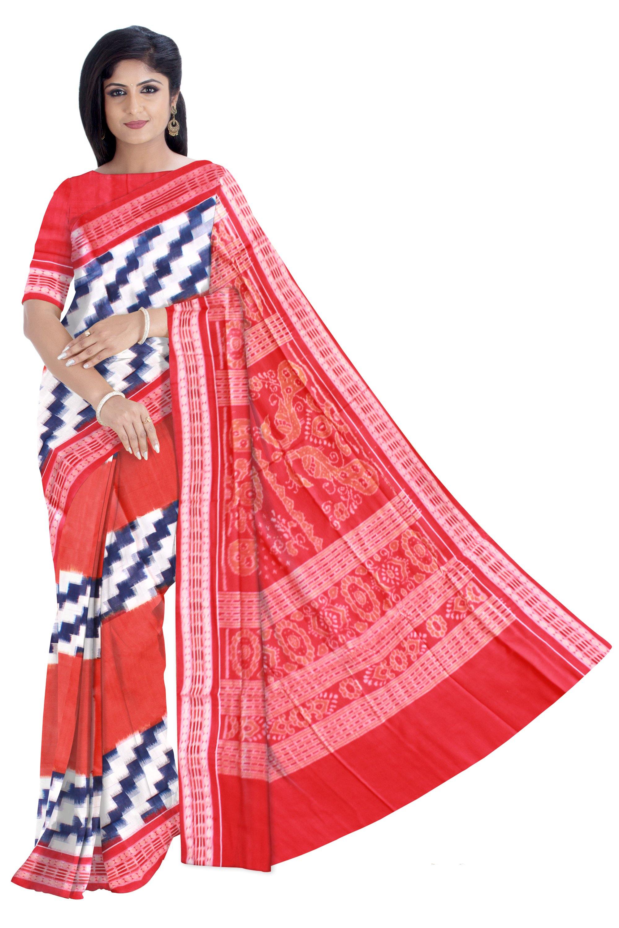 Sambalpuri handwoven cotton saree in Zigzag pattern with blouse Piece. - Koshali Arts & Crafts Enterprise