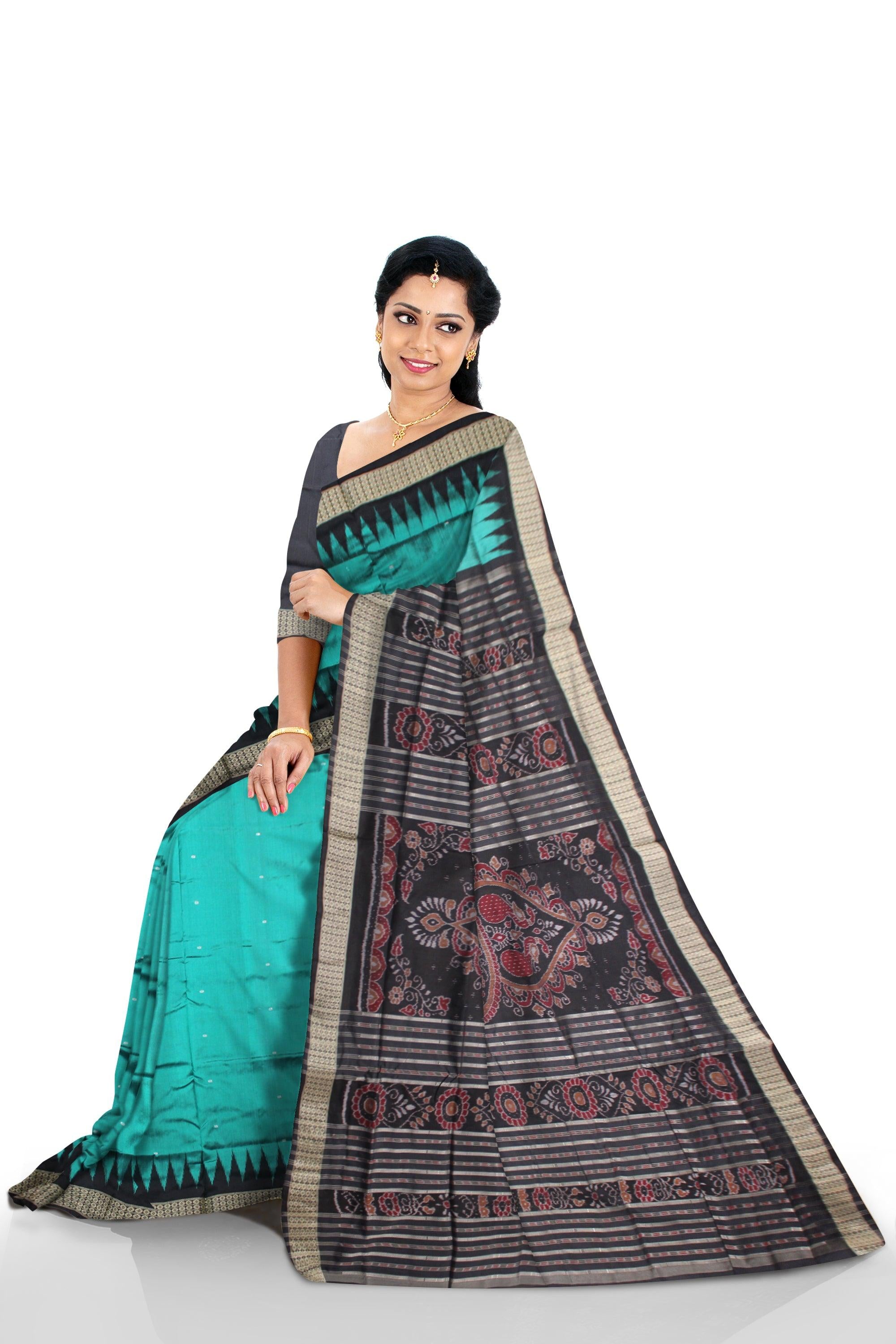 SAMBALPURI PATA SAREE IN LIGHT GREEN COLOR IN PLAIN DESIGN WITH BLACK BORDER WITH BLOUSE PIECE. - Koshali Arts & Crafts Enterprise