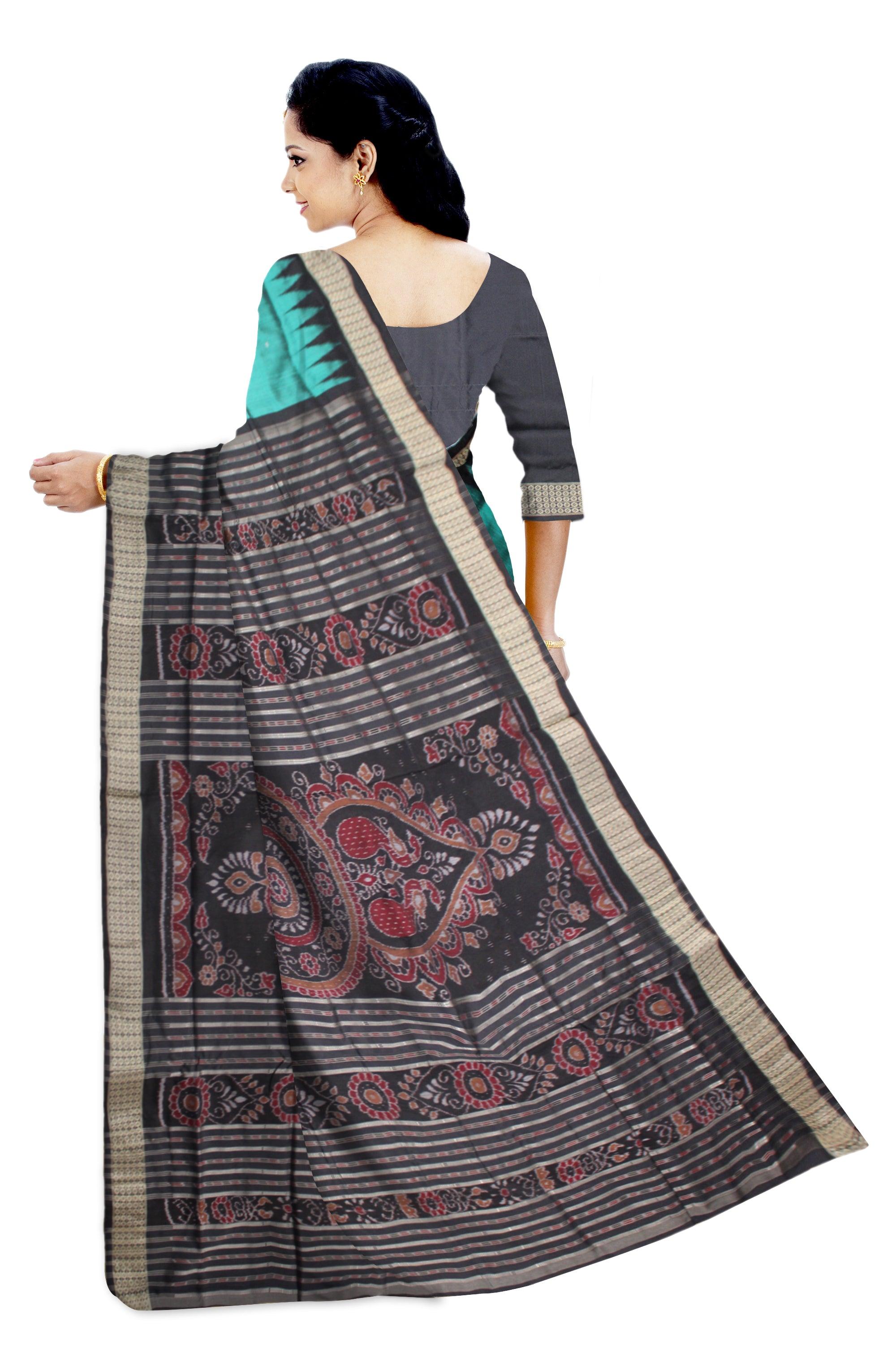 SAMBALPURI PATA SAREE IN LIGHT GREEN COLOR IN PLAIN DESIGN WITH BLACK BORDER WITH BLOUSE PIECE. - Koshali Arts & Crafts Enterprise