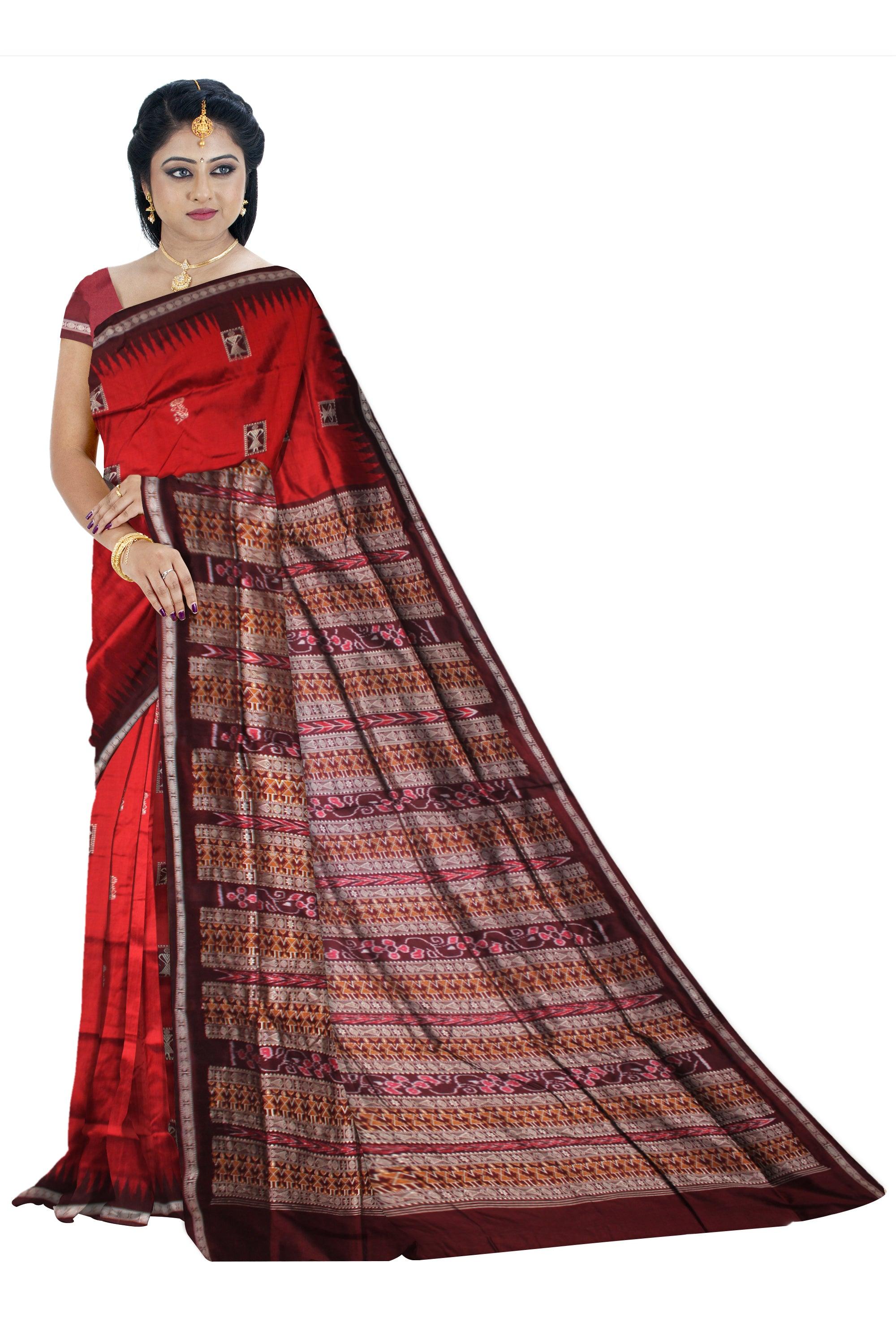 MARRIAGE COLLECTION PATA SAREE IN BANDHA DESIGN IN RED AND COFFEE COLOR , WITH BLOUSE PIECE. - Koshali Arts & Crafts Enterprise