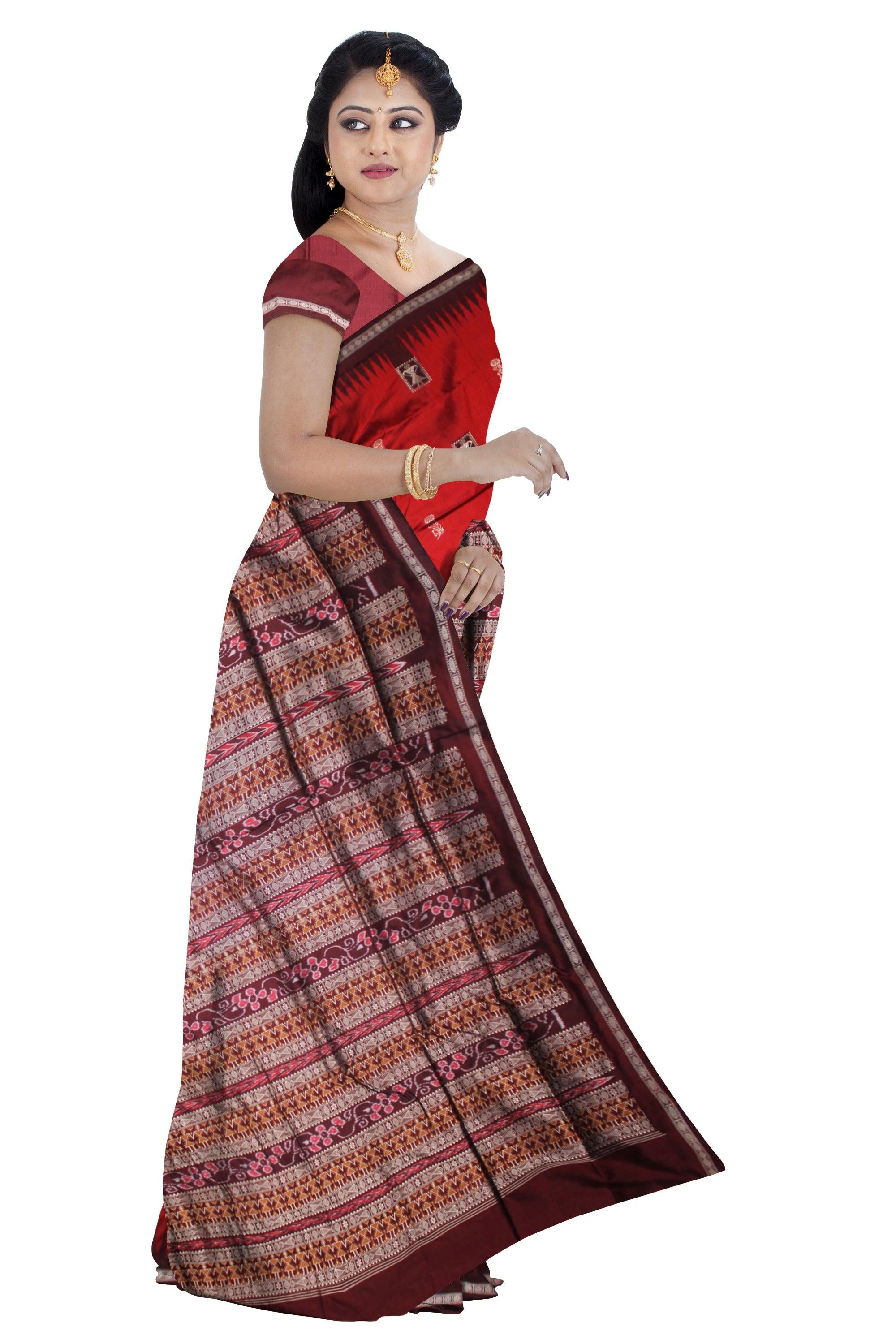 MARRIAGE COLLECTION PATA SAREE IN BANDHA DESIGN IN RED AND COFFEE COLOR , WITH BLOUSE PIECE. - Koshali Arts & Crafts Enterprise