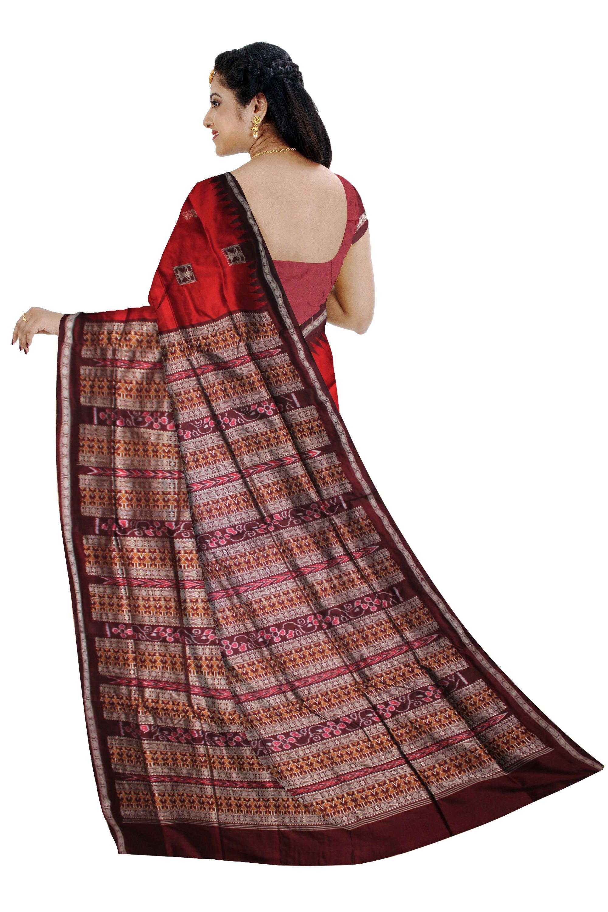 MARRIAGE COLLECTION PATA SAREE IN BANDHA DESIGN IN RED AND COFFEE COLOR , WITH BLOUSE PIECE. - Koshali Arts & Crafts Enterprise