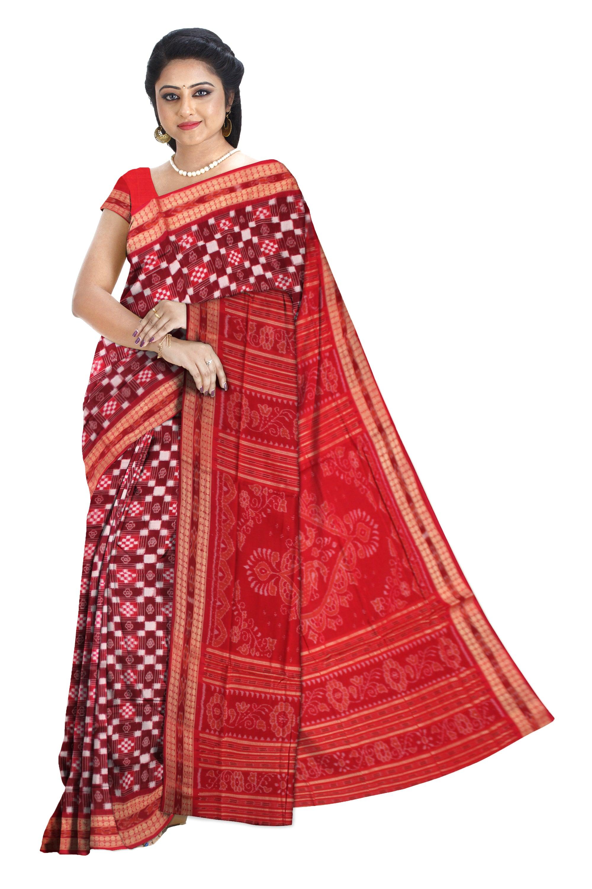 SONEPUR PASAPALI DESIGN COTTON SAREE IN RED AND MAROON COLOR, WITH BLOUSE PIECE. - Koshali Arts & Crafts Enterprise