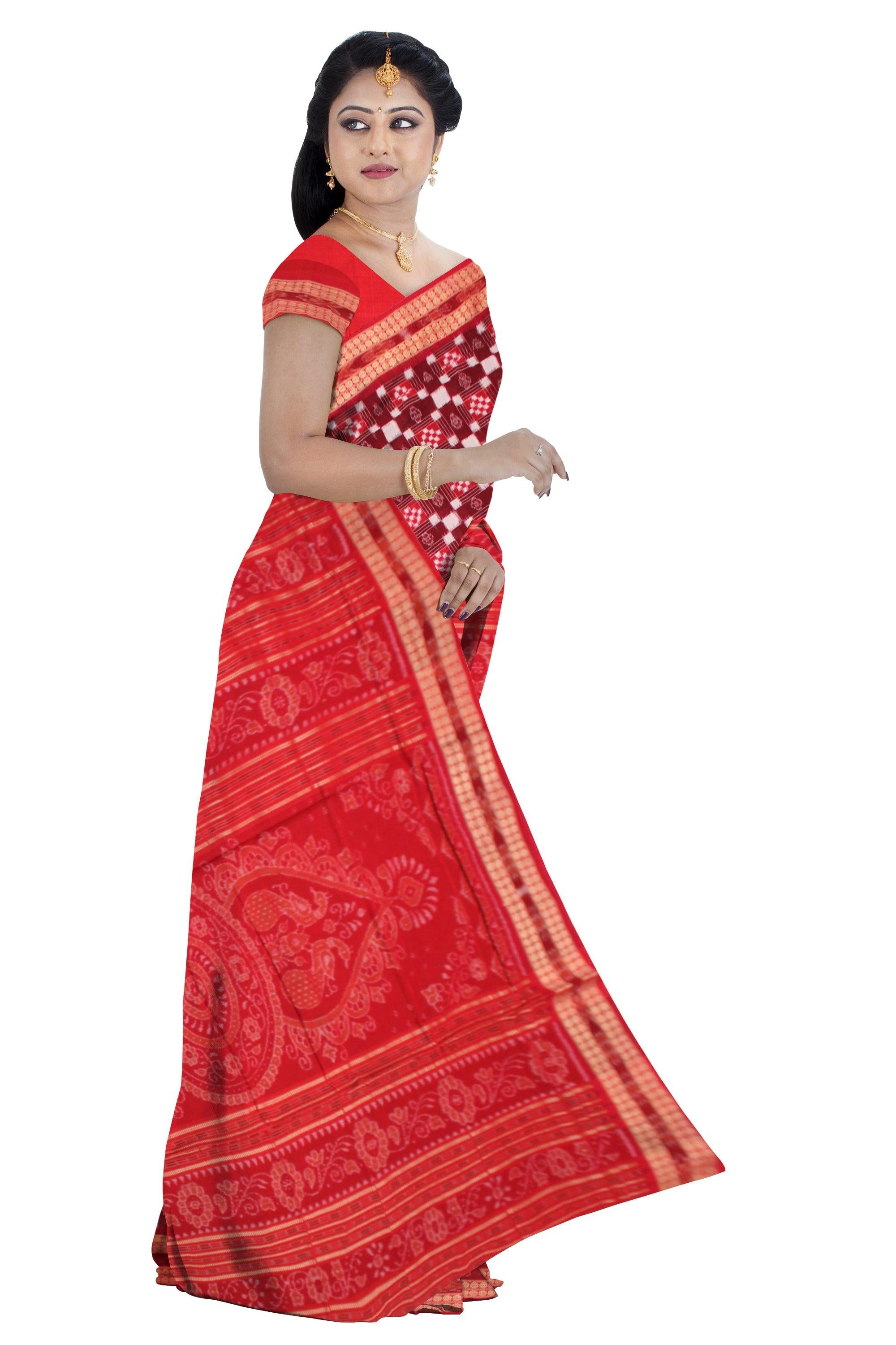 SONEPUR PASAPALI DESIGN COTTON SAREE IN RED AND MAROON COLOR, WITH BLOUSE PIECE. - Koshali Arts & Crafts Enterprise