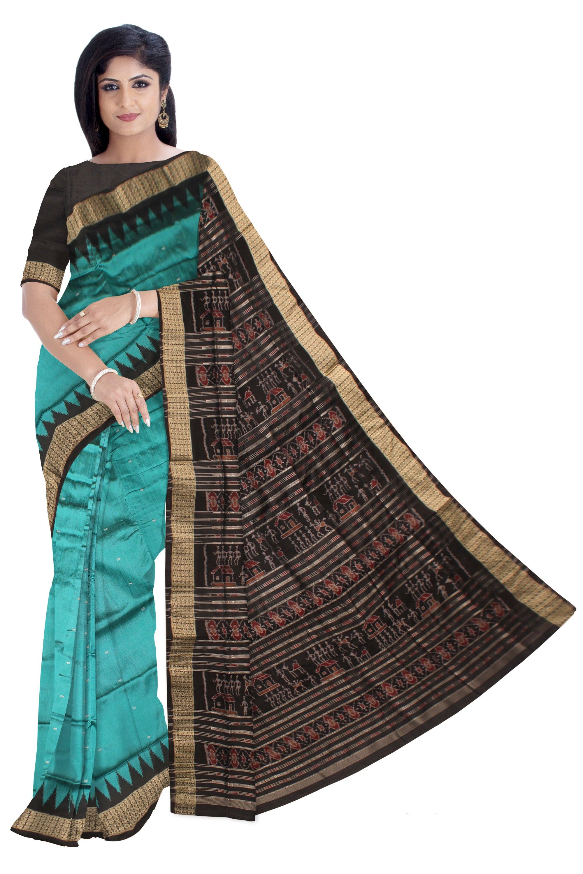 LIGHT SKY AND BLACK COLOR BOOTY PATTERN PATA SAREE, WITH BLOUSE PIECE. - Koshali Arts & Crafts Enterprise