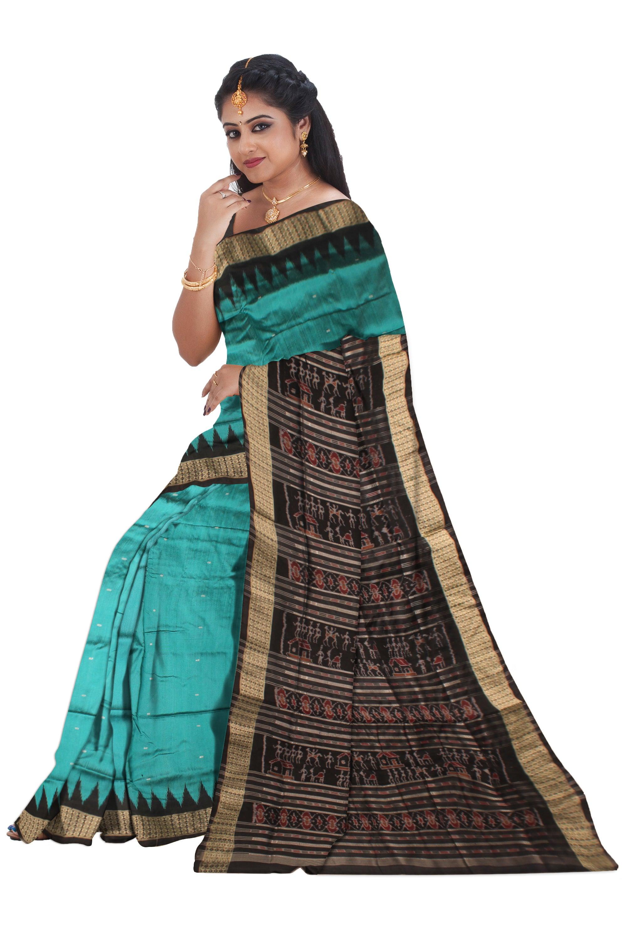 LIGHT SKY AND BLACK COLOR BOOTY PATTERN PATA SAREE, WITH BLOUSE PIECE. - Koshali Arts & Crafts Enterprise