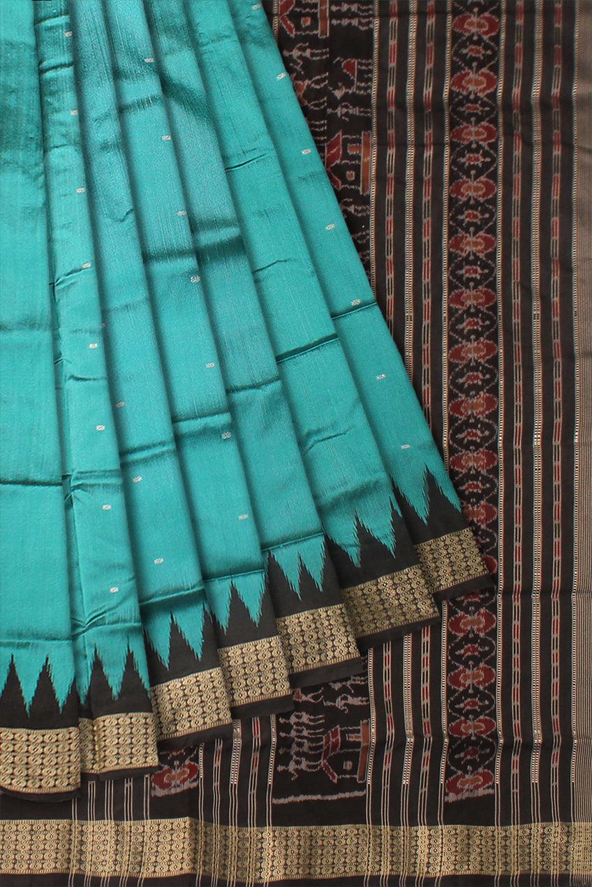 LIGHT SKY AND BLACK COLOR BOOTY PATTERN PATA SAREE, WITH BLOUSE PIECE. - Koshali Arts & Crafts Enterprise