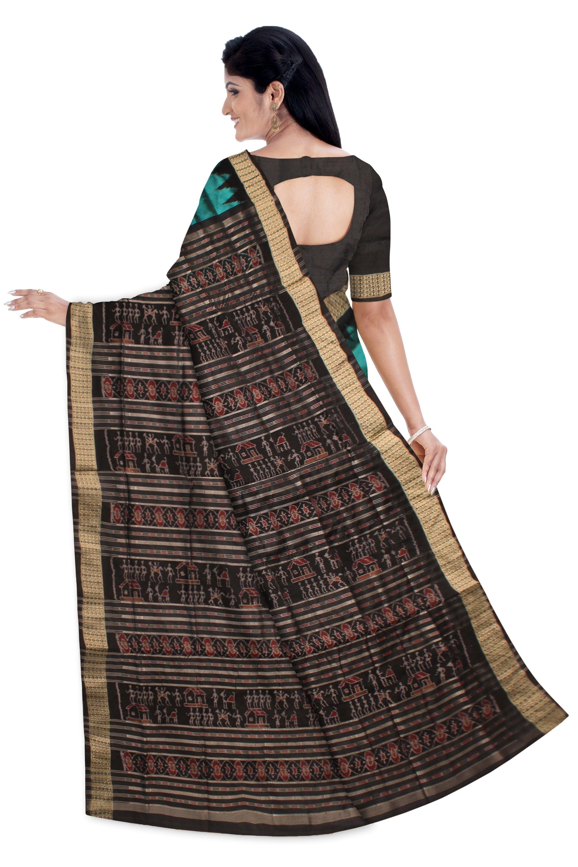 LIGHT SKY AND BLACK COLOR BOOTY PATTERN PATA SAREE, WITH BLOUSE PIECE. - Koshali Arts & Crafts Enterprise