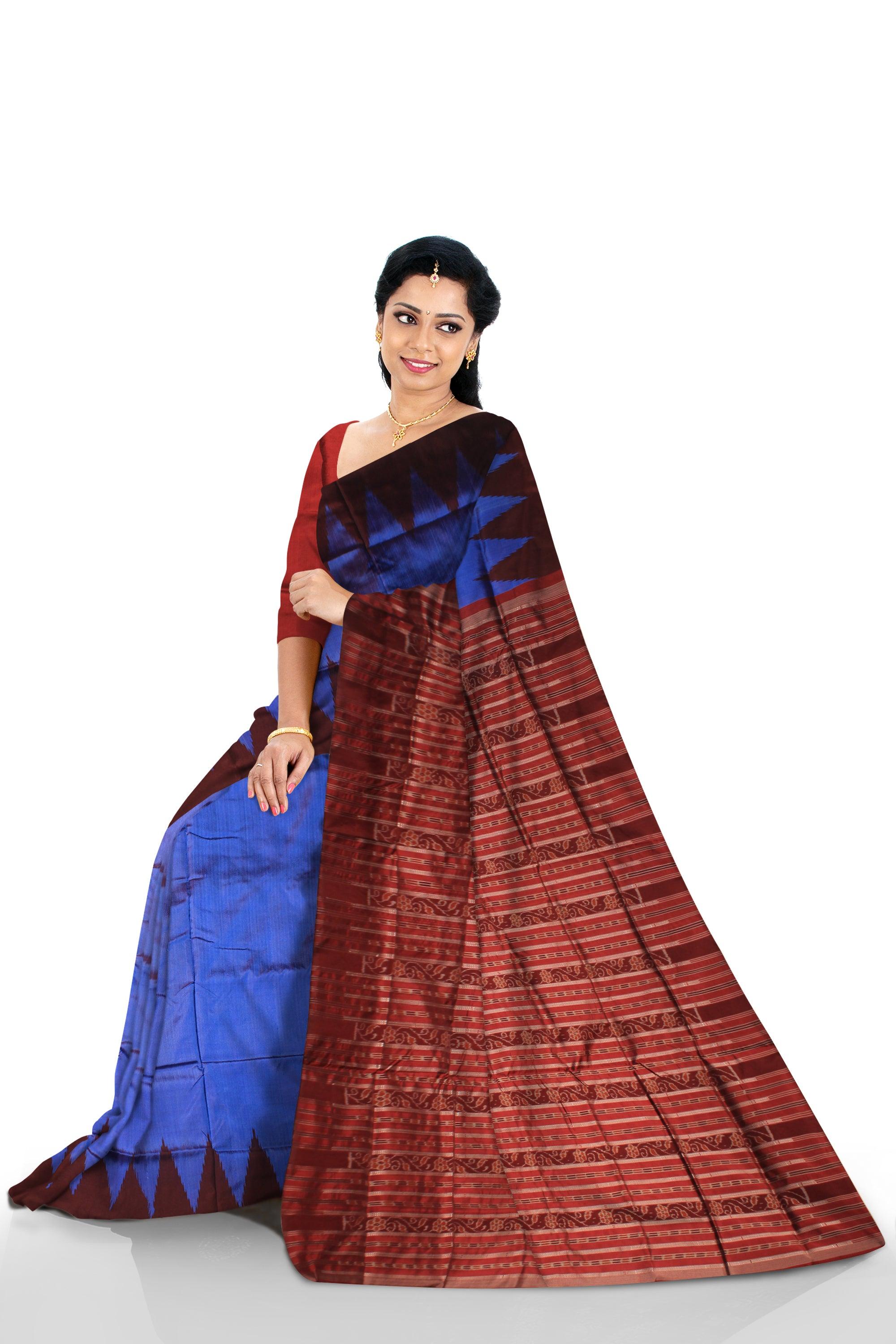 A KARGIL PATA SAREE IN DARK BLUE AND MAROON COLOR BASE, WITH BLOUSE PIECE. - Koshali Arts & Crafts Enterprise