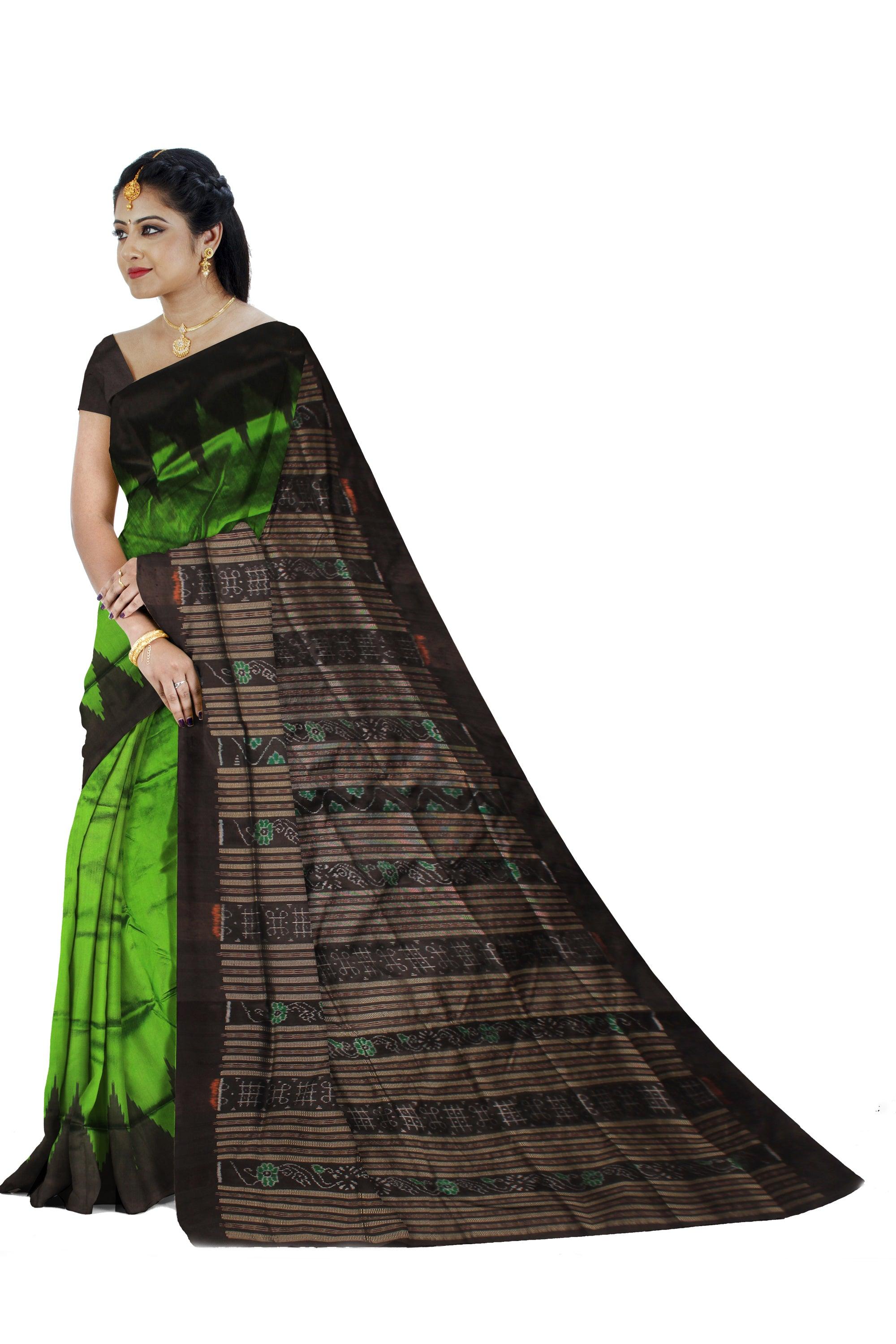 SONEPURI GREEN   AND BLACK COLOR KARGIL PATA SAREE , COMES WITH BLOUSE PIECE. - Koshali Arts & Crafts Enterprise