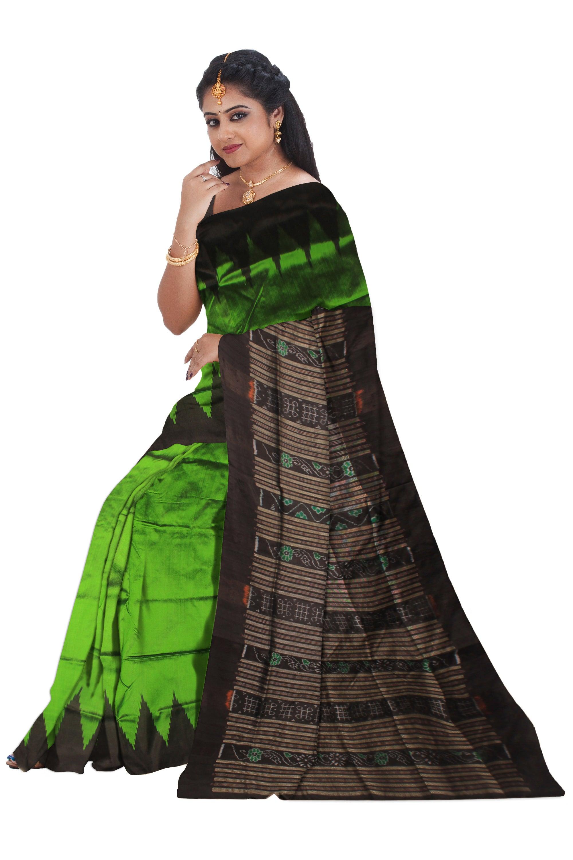 SONEPURI GREEN   AND BLACK COLOR KARGIL PATA SAREE , COMES WITH BLOUSE PIECE. - Koshali Arts & Crafts Enterprise