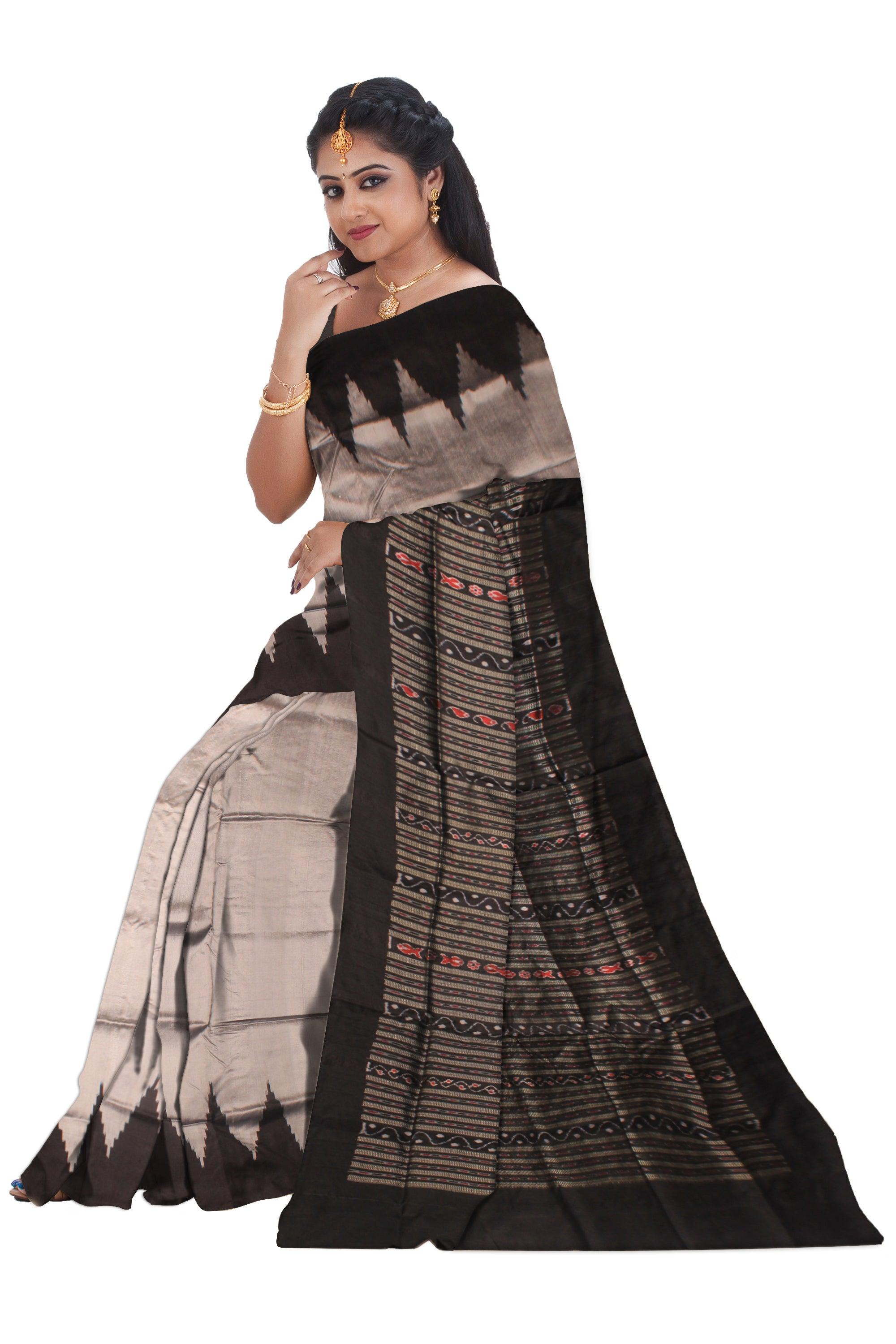 A BEAUTIFUL ROYAL COLOR  BASE KARGIL PATA SAREE IN GRAY AND BLACK  COLOR BASE, WITH BLOUSE PIECE. - Koshali Arts & Crafts Enterprise