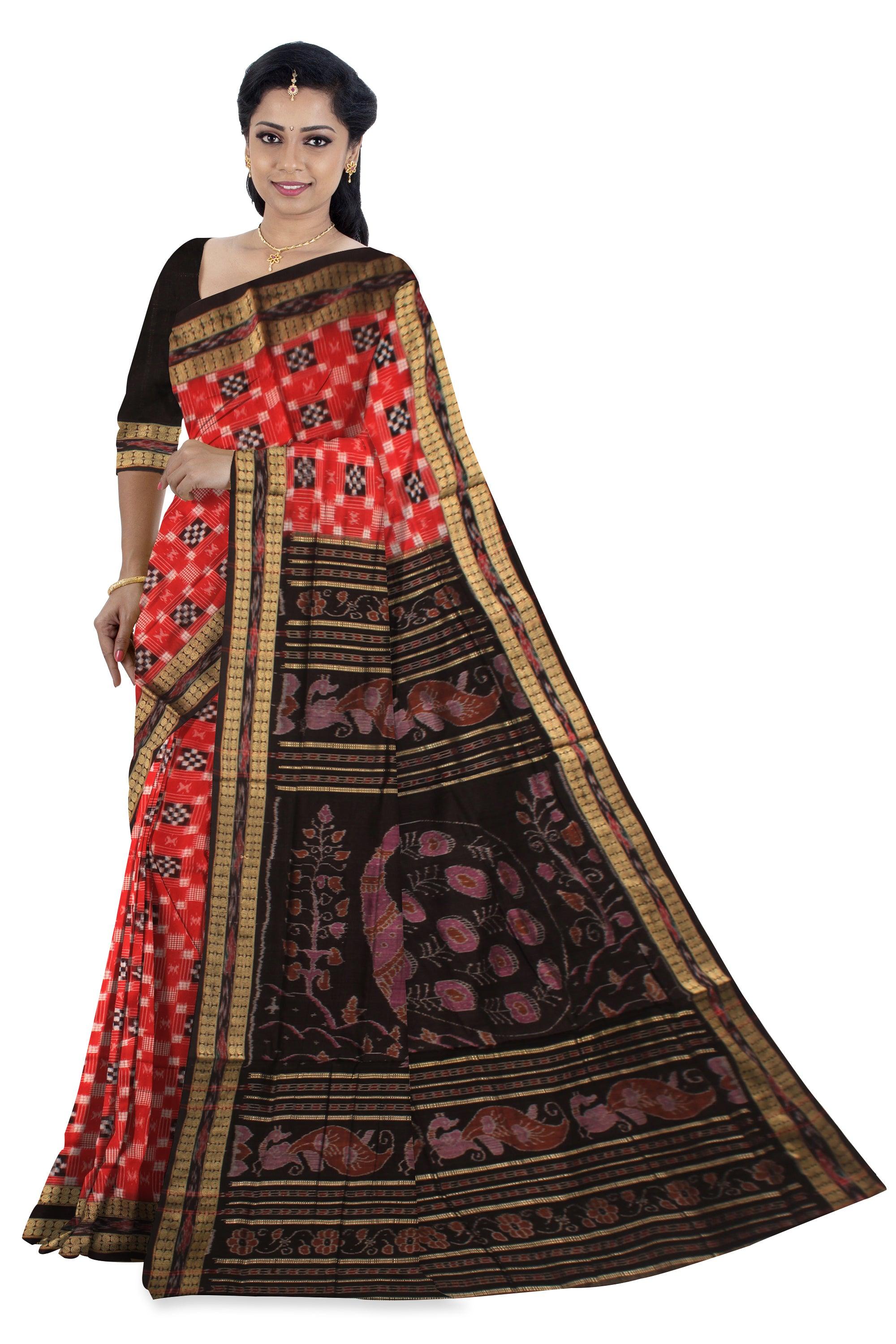 RED AND BLACK COLOR PASAPALI PATTERN COTTON SAREE , WITH BLOUSE PIECE. - Koshali Arts & Crafts Enterprise