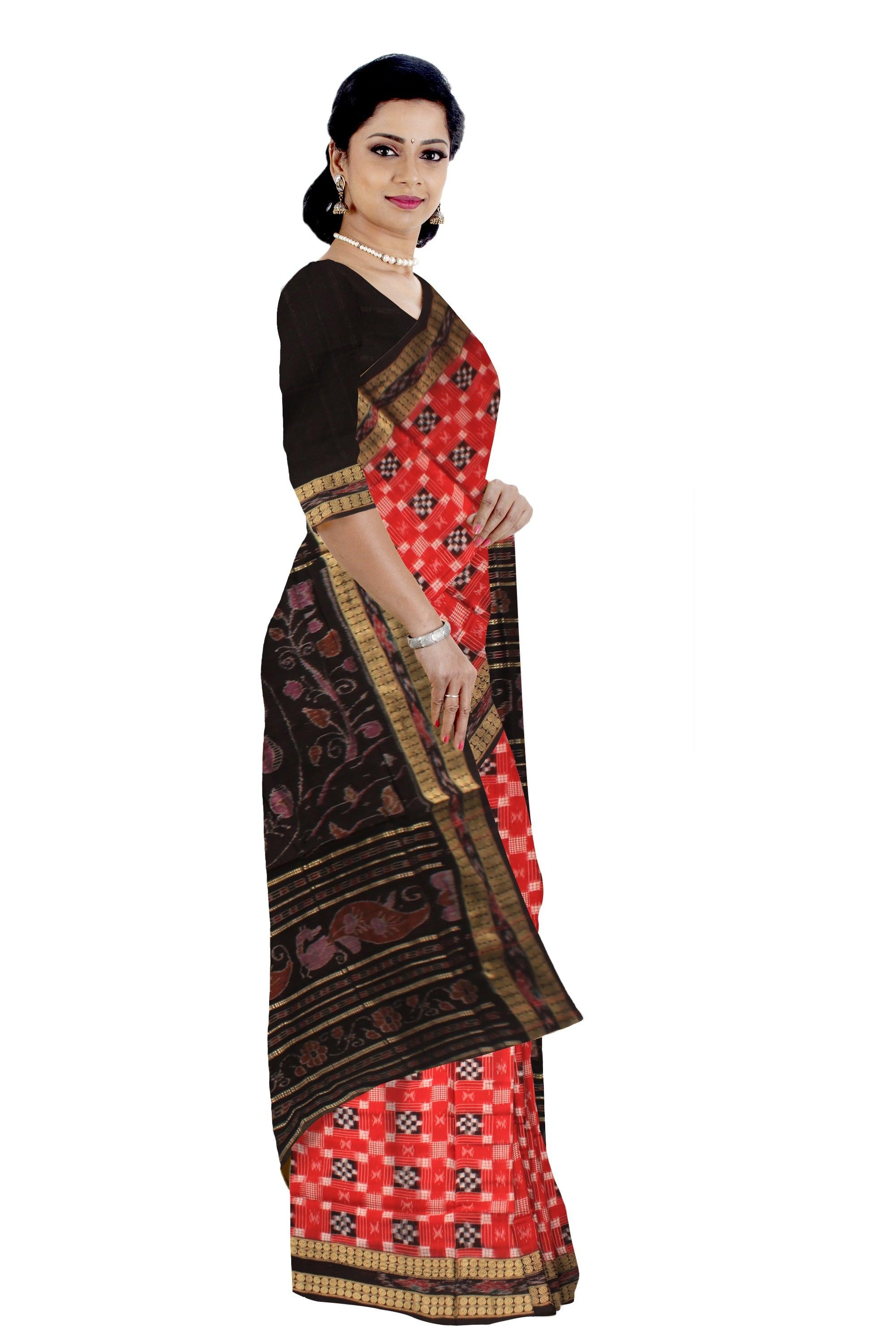 RED AND BLACK COLOR PASAPALI PATTERN COTTON SAREE , WITH BLOUSE PIECE. - Koshali Arts & Crafts Enterprise