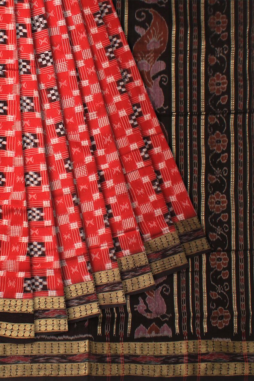 RED AND BLACK COLOR PASAPALI PATTERN COTTON SAREE , WITH BLOUSE PIECE. - Koshali Arts & Crafts Enterprise
