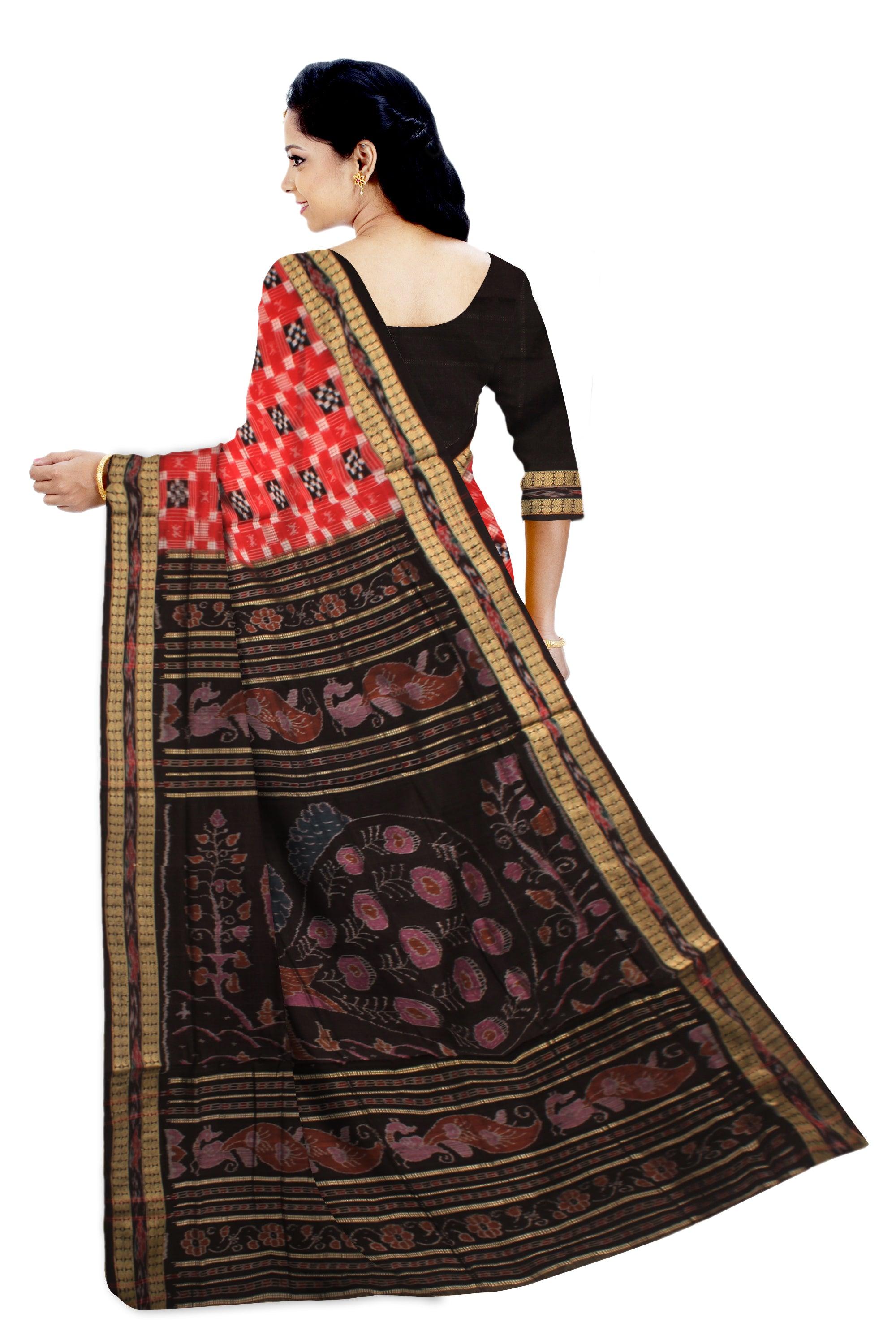 RED AND BLACK COLOR PASAPALI PATTERN COTTON SAREE , WITH BLOUSE PIECE. - Koshali Arts & Crafts Enterprise